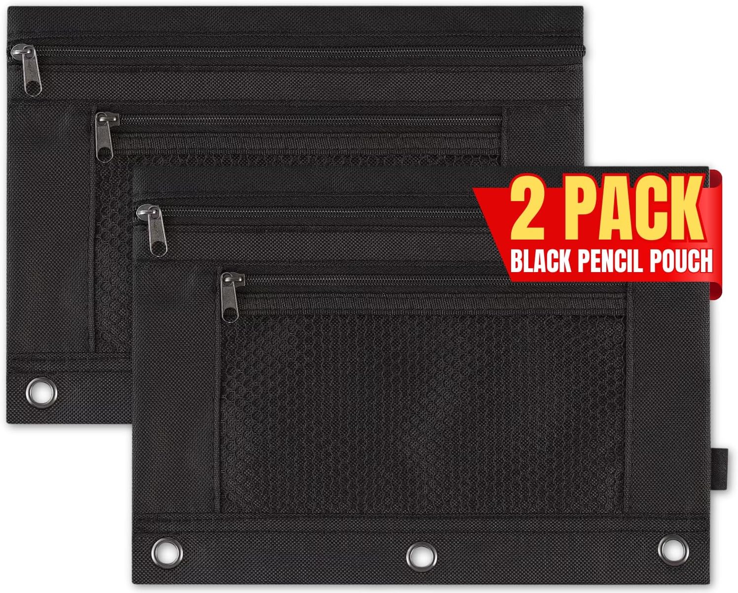 1InTheOffice Pencil Pouch 3 Ring, Black, Pencil Pouch For 3 Ring Binder 2 Pack (Canvas Black)