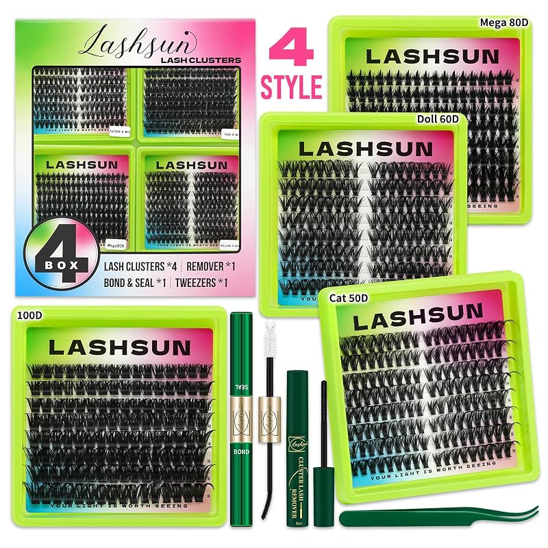 Kit LASHSUN de Cílios Postiços em Tufos Wispy com Bond, Seal, Removedor e Pinça — 4 Caixas