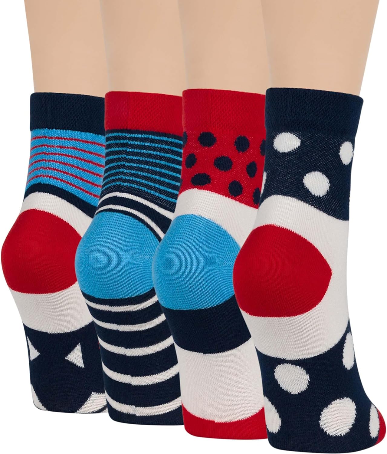7BIGSTARS KINGDOM Women's Cotton Diabetic Quarter Loose Fit Socks - 4 Pack Large - Stripe - Polka Dot - Sock Size 10-12 Shoe Size 8-12 L Dark Navy, Blue, Red, White - Image 7