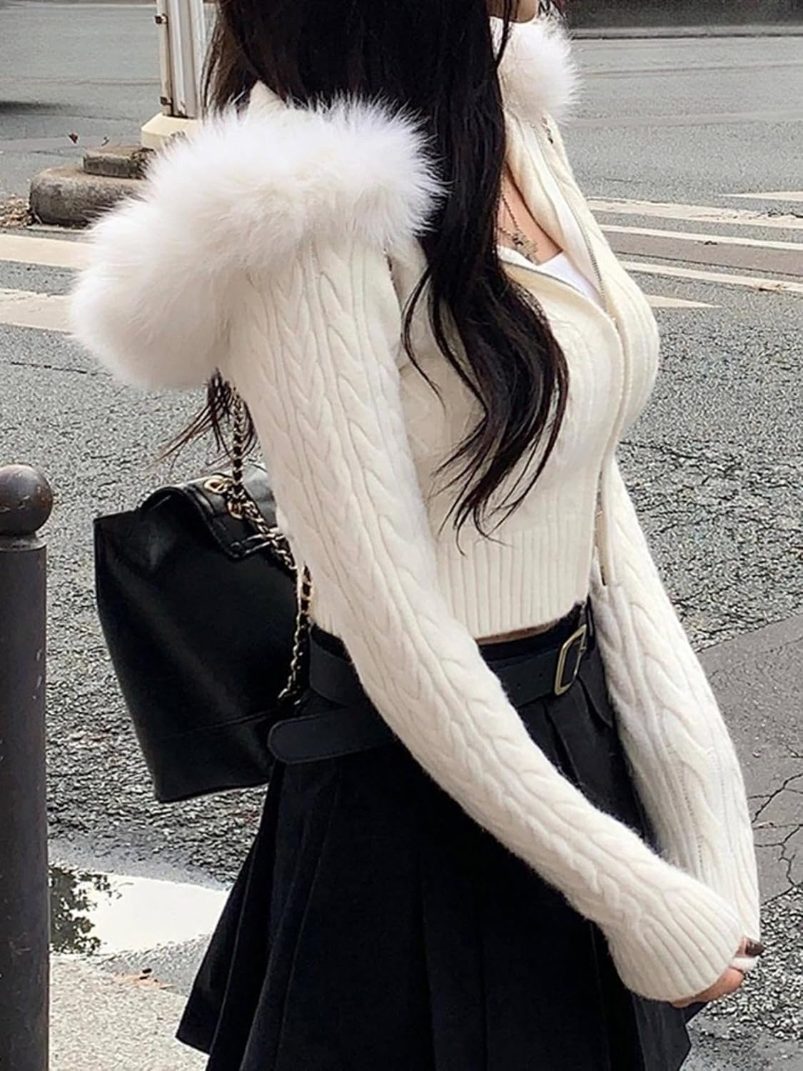 Women's Zip Up Cable Knit Cardigan Sweaters Long Sleeve Crop Tops Cute Y2K Fall Winter Outfits with Fur Collar
