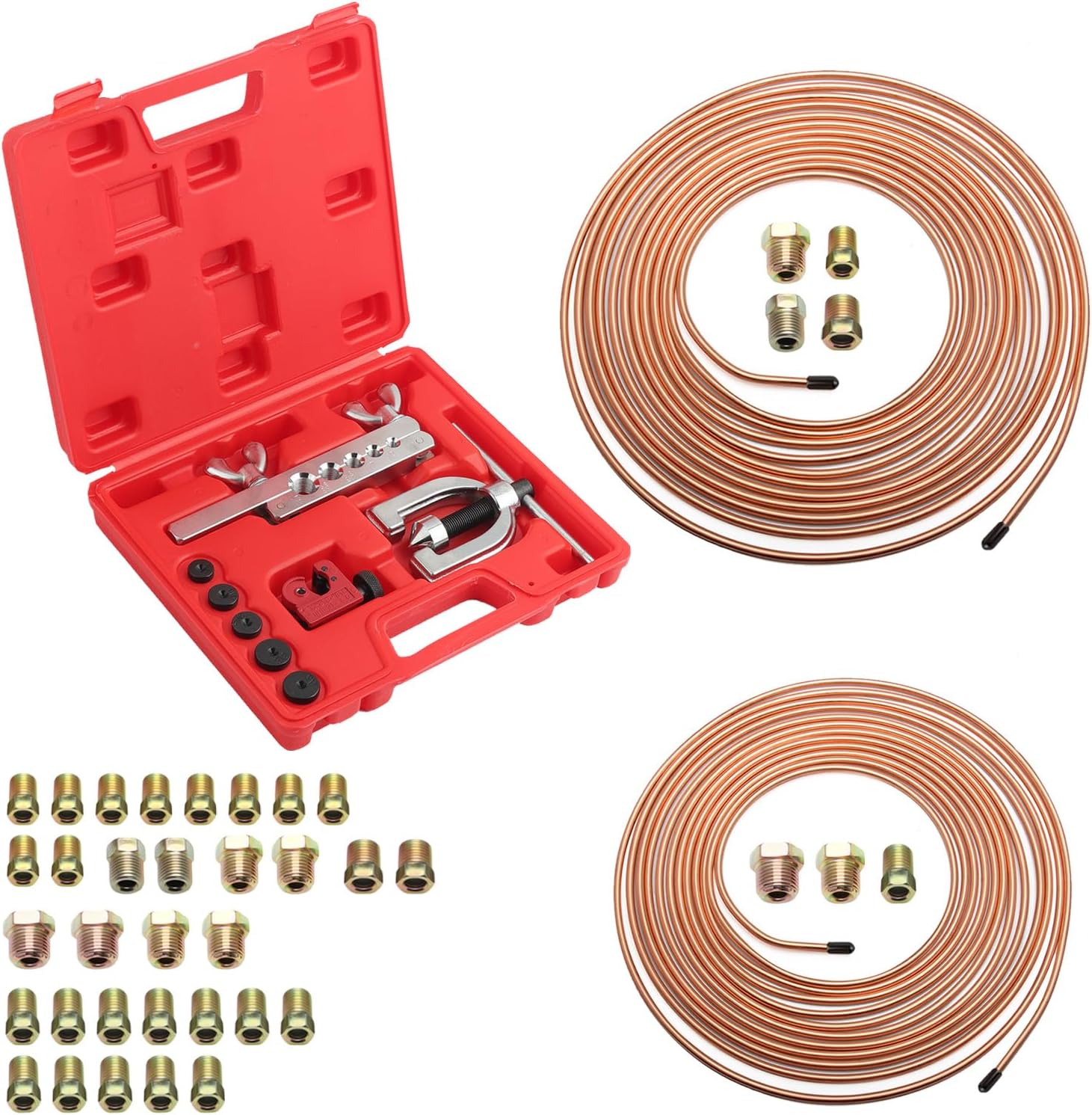 25Ft 1/4" & 3/16" Brake Line Kit,Single & Double Brake Line Flaring Tool Kit with 32 Inverted Fittings/Tube Cutter/5 Adapters,Professional Brakes Lines Repair Kits