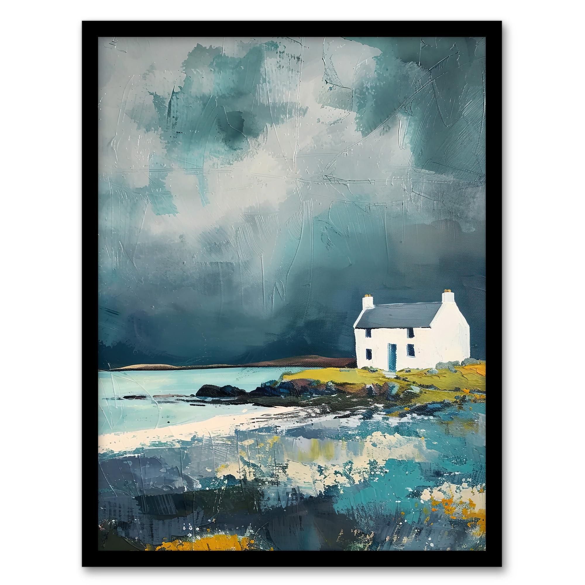 Artery8 Classic Scottish Lochside Cottage Oil Painting Living Room Artwork Framed Wall Art Print A4