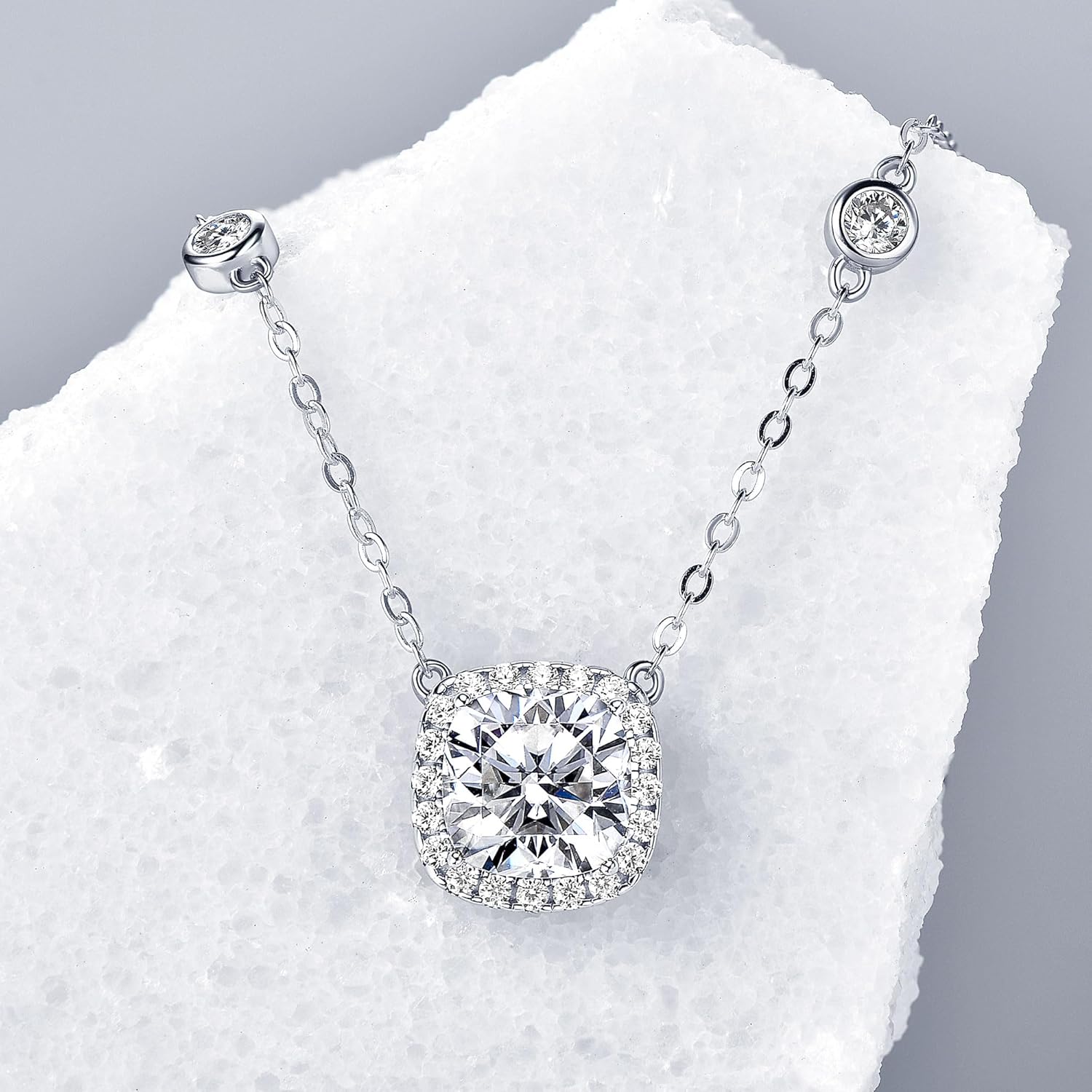 2.5CT Moissanite Pendant Necklace for Women, 8x8mm Cushion Cut D Color VVS1 Moissanite 925 Sterling Silver Dainty Halo Pendant for Mom, Wife, Lady Birthday Gifts - Image 2