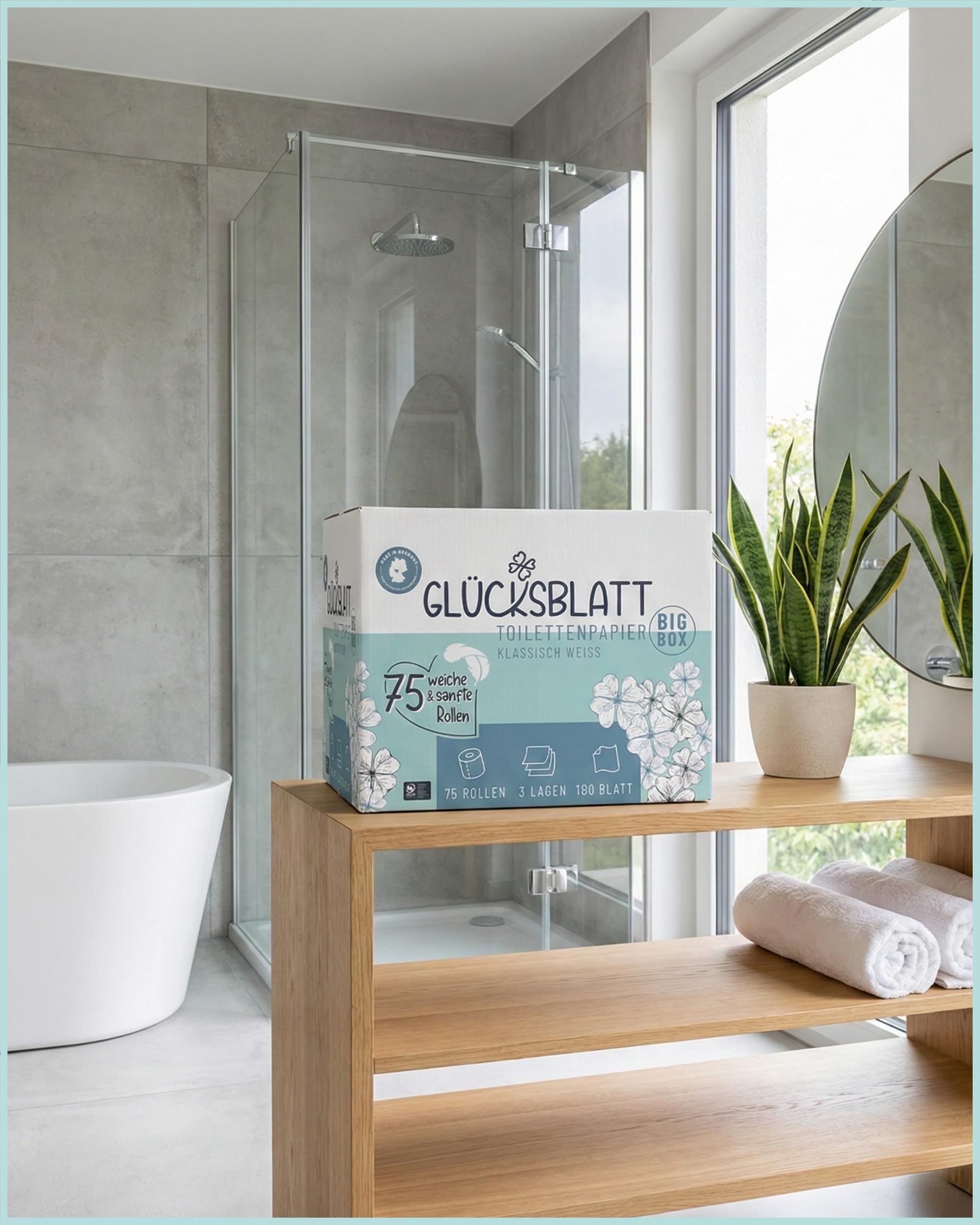 Glücksblatt Toilettenpapier Box, 3-lagig, 75 Rollen x 180 Blatt, 100% Zellstoff, Großpackung, superweiches Klopapier, WC Papier, wiederverwendbarer Vorratskarton