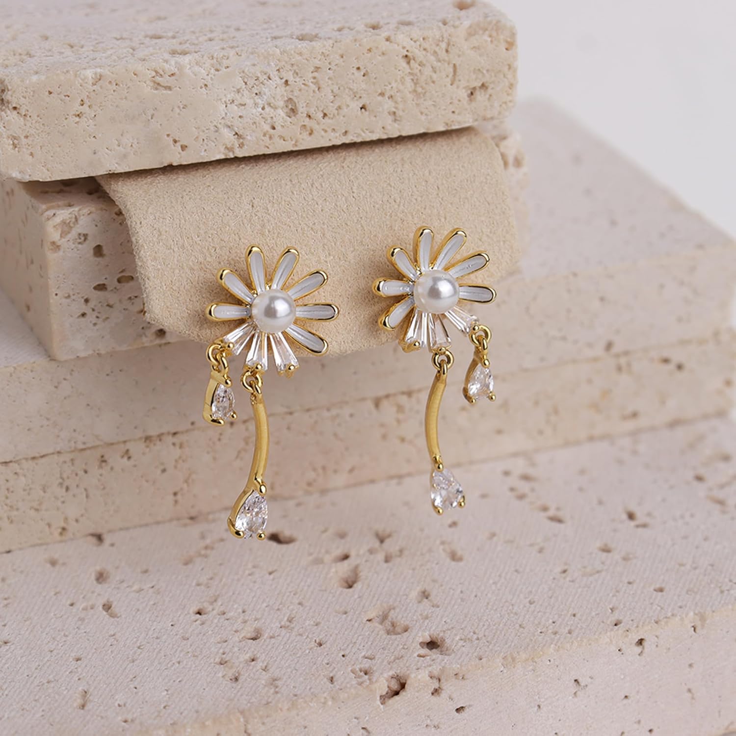 JeanBeau Daisy Flower Dangle Drop Stud Earrings for Women, Cute Sparkly Dangling Sunflower Floral Earing Valentine Prom Fashion Jewelry Gift. - Image 6