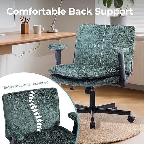 Miniatura 9 de Silla cruzada con brazos abatibles y ruedas con bloqueo, silla de escritorio de oficina de tela de felpa, silla giratoria ajustable de 125 más ancha