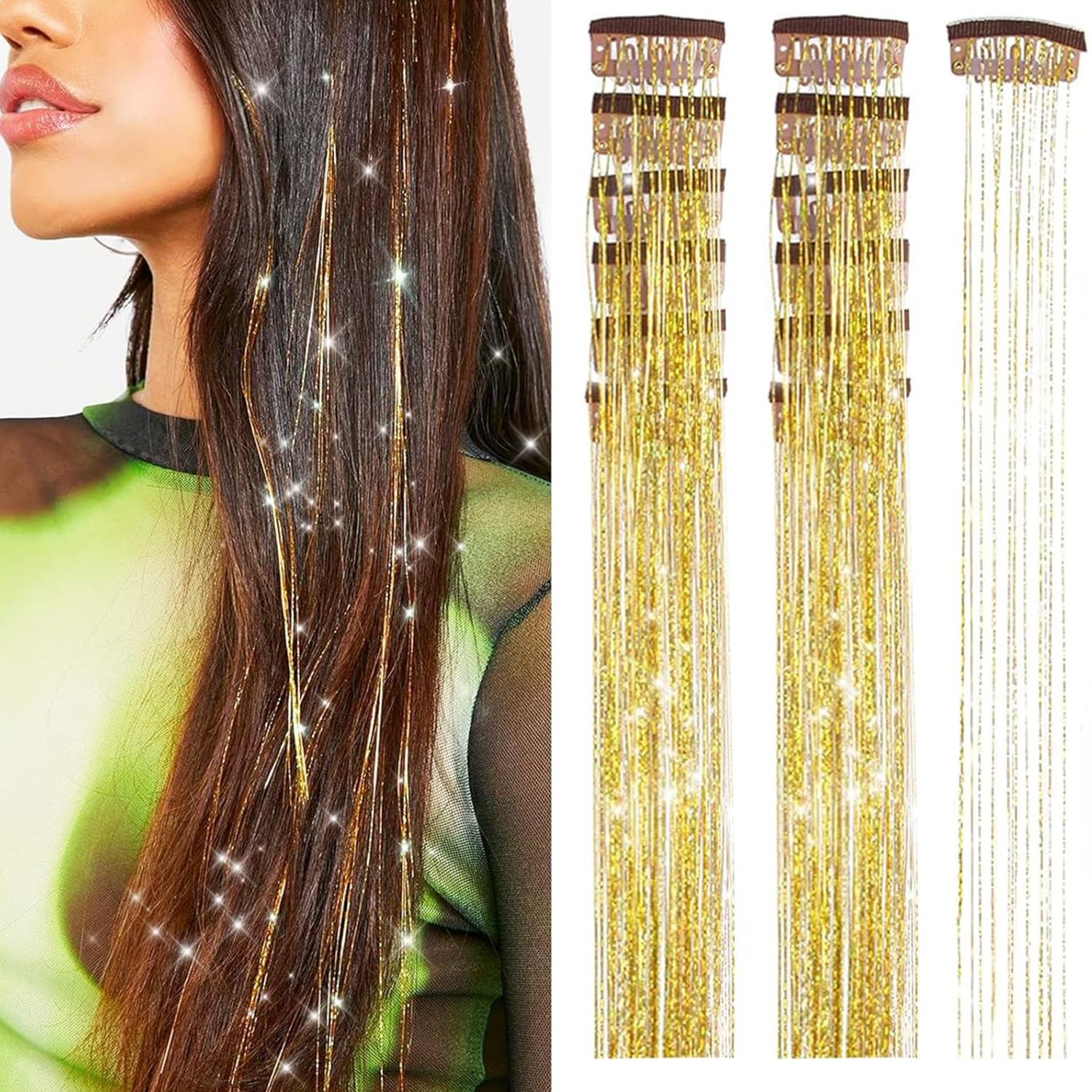PORSMEER 12 Pcs 20 Inch Hair Tinsel Pack of Clip in Hair Tinsel Colorful Glitter Tinsel Hair Extensions Tinsel Fairy Party Dazzle Accessories Strands Kit for Women Girls Kids (Golden)
