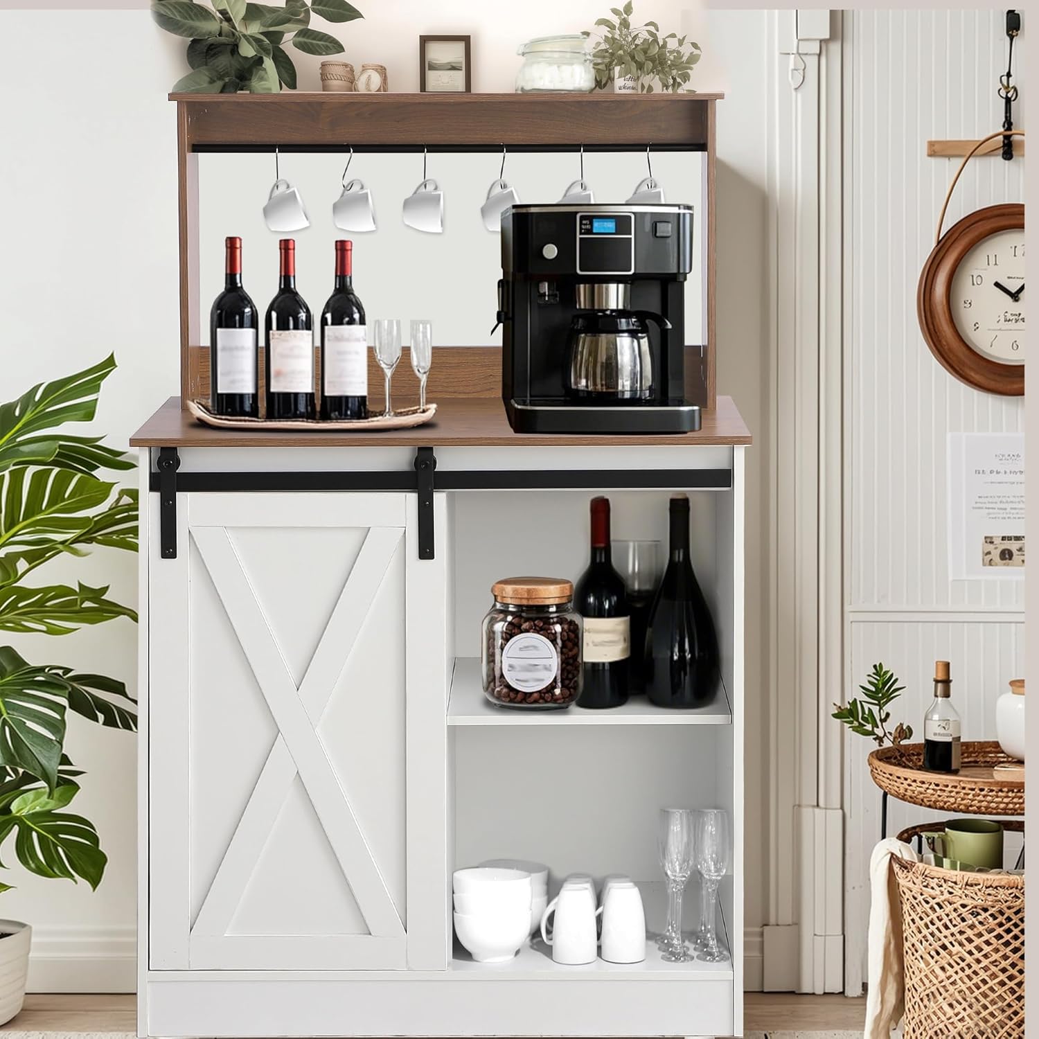 Farmhouse Coffee Bar with Sliding Barn Door, White Home Coffee Bar Station Cabinet with 6 Hooks Adjustable Shelves, Corner Hutch Buffet Cabinets with Storage for Kitchen Living Dining Room