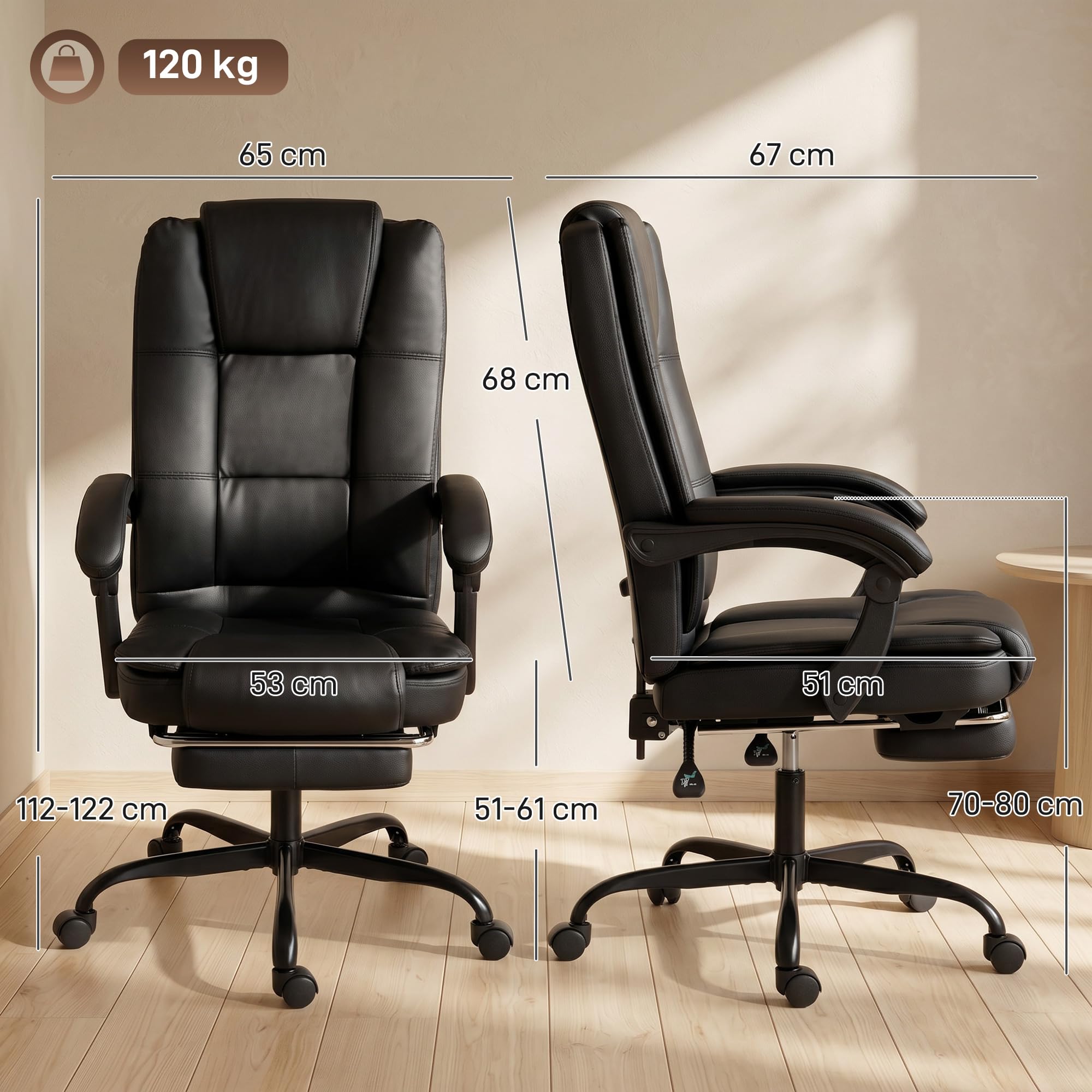 HOMCOM Chaise de Bureau Ergonomique Inclinable en PU, Repose-Pieds, Noir