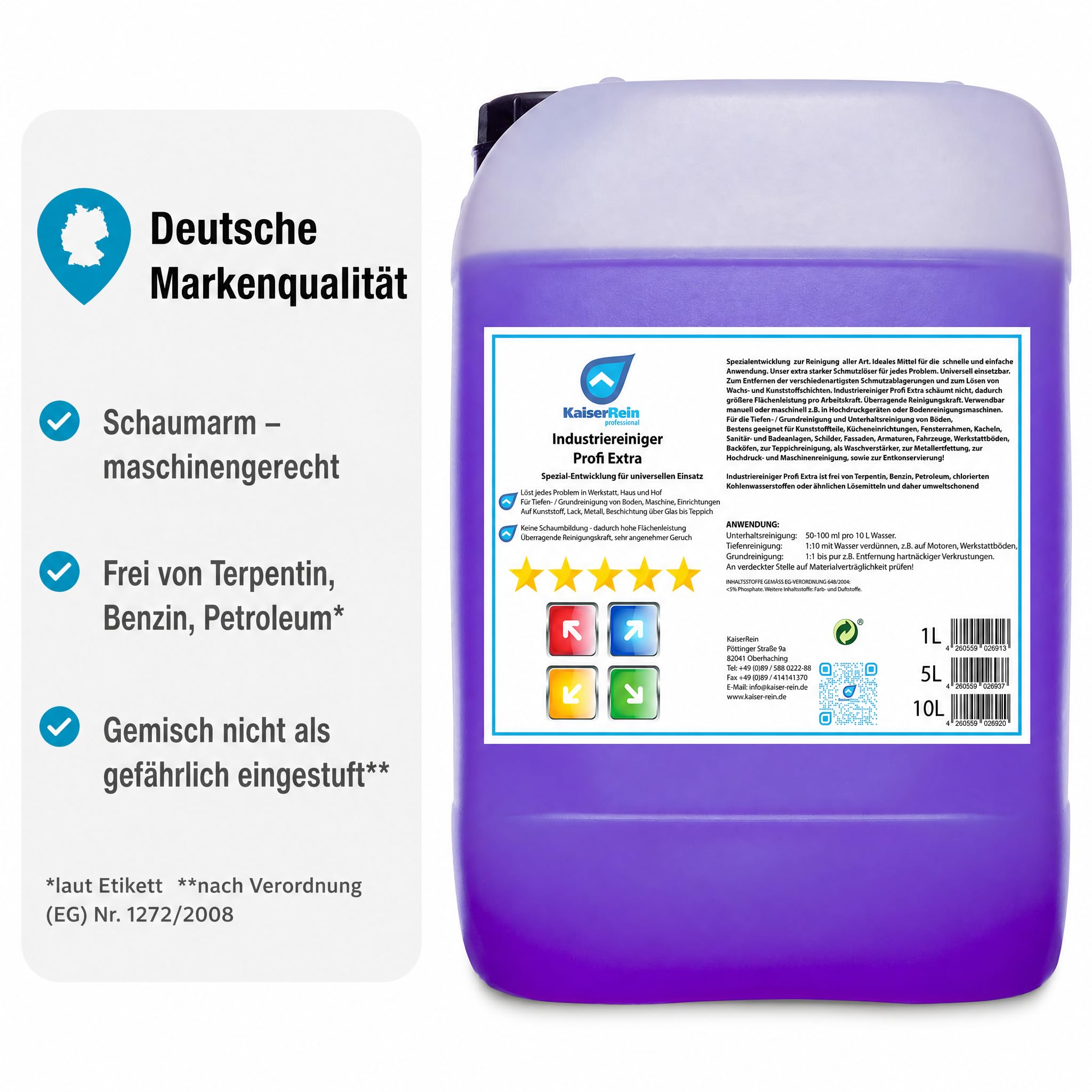 KaiserRein Allzweckreiniger Konzentrat – Industriereiniger Profi Extra,10 L Kanister Universalreiniger für Werkstatt & Haushalt, nicht schäumender Bodenreiniger für Maschinen,