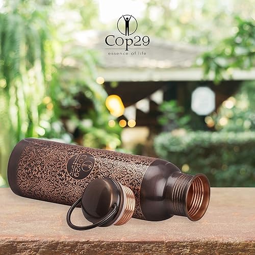 Miniatura 5 de Cop29 Botella de agua antigua con diseño de tulipán de cobre puro grabado a mano con asa un recipiente de cobre ayurvédico - 30.4 fl oz30oz