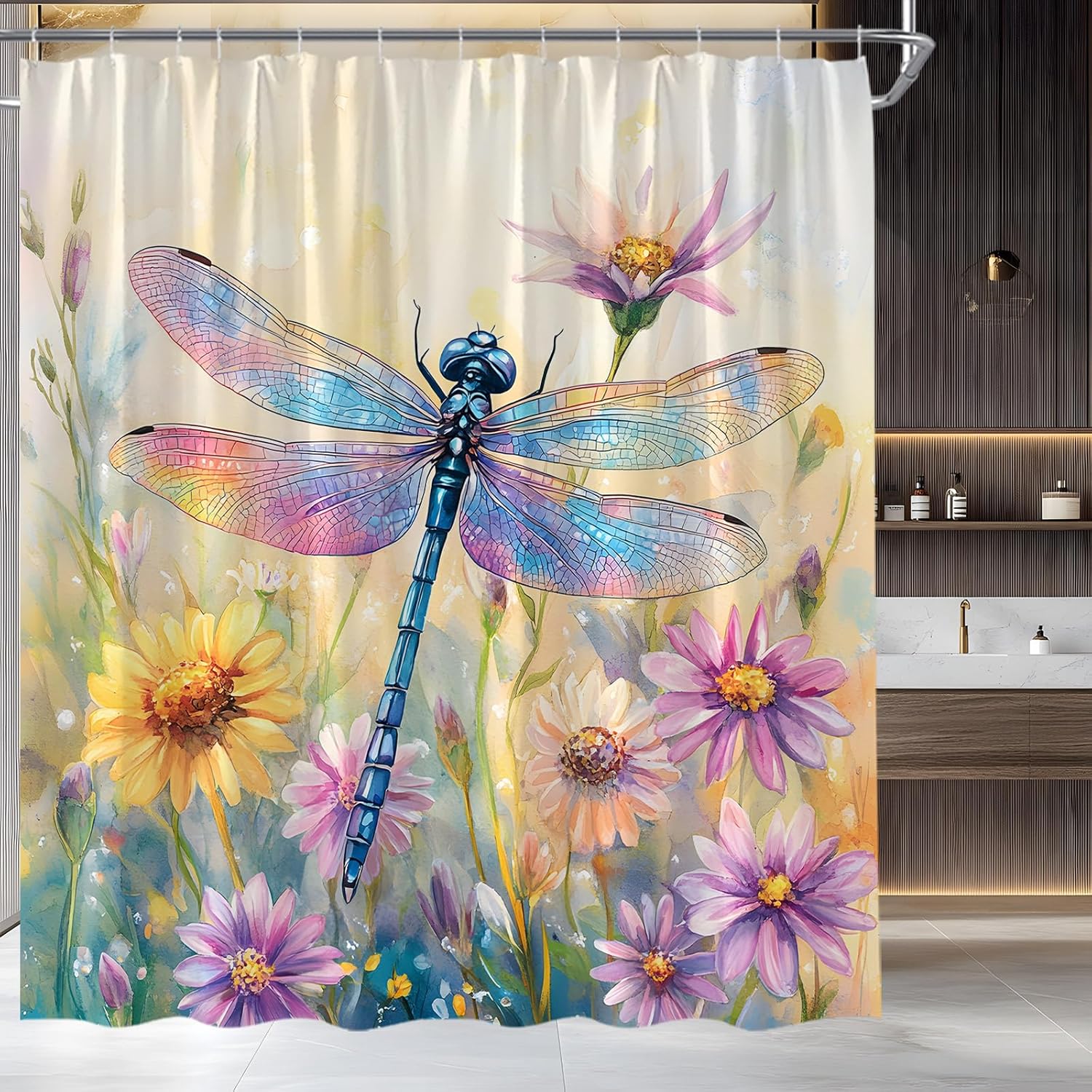 Dragonfly Shower Curtain Watercolor Floral Spring Garden Fantasy Nature Scenery Polyester Fabric Bathroom Decor Set with Hooks(84" Wx70 H)