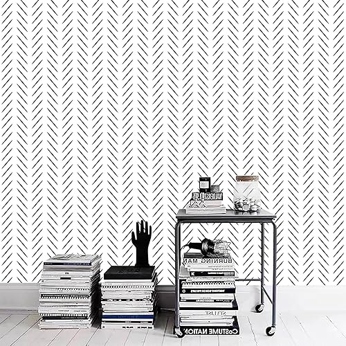 Miniatura 2 de Yun-aeon Papel tapiz de espiga blanco y negro de 17.5 x 120 pulgadas, papel de contacto moderno, geométrico extraíble, papel tapiz autoadhesivo para