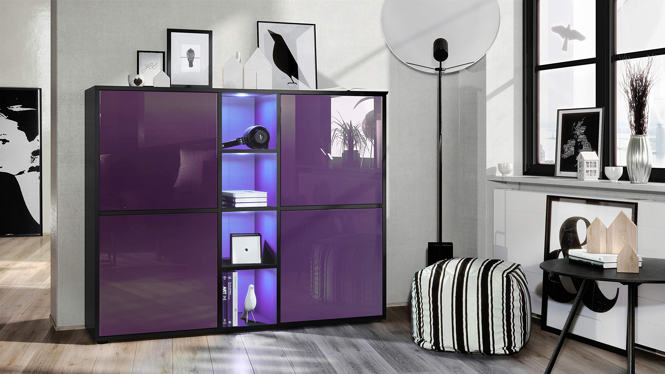 Vladon Highboard Cuba V3, Made in Germany, Schwarz matt/Brombeer Hochglanz inkl. LED - Moderne Anrichte mit 12 Fächern (130,5 x 105,5 x 35,5 cm)