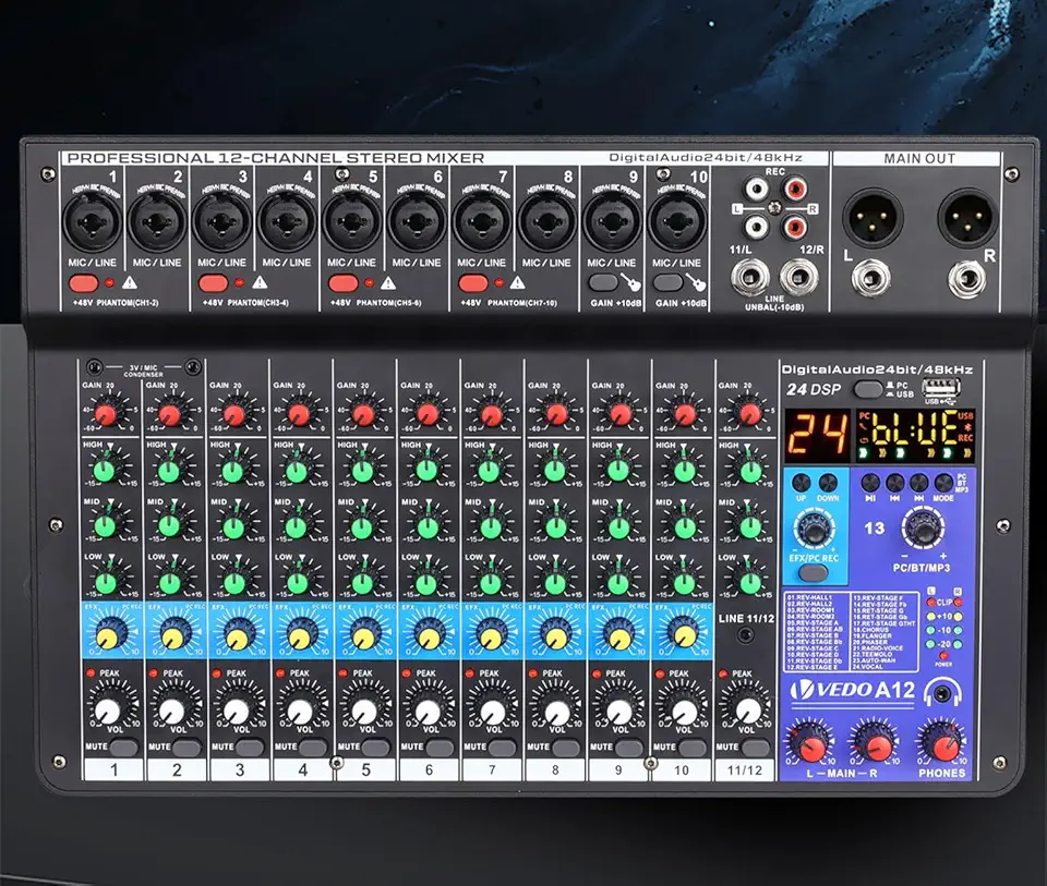 mesa de som，teyun/vedo A12 12 canais digital/número profissional portátil com reverb bluetooth usb interface audio/áudio mixer