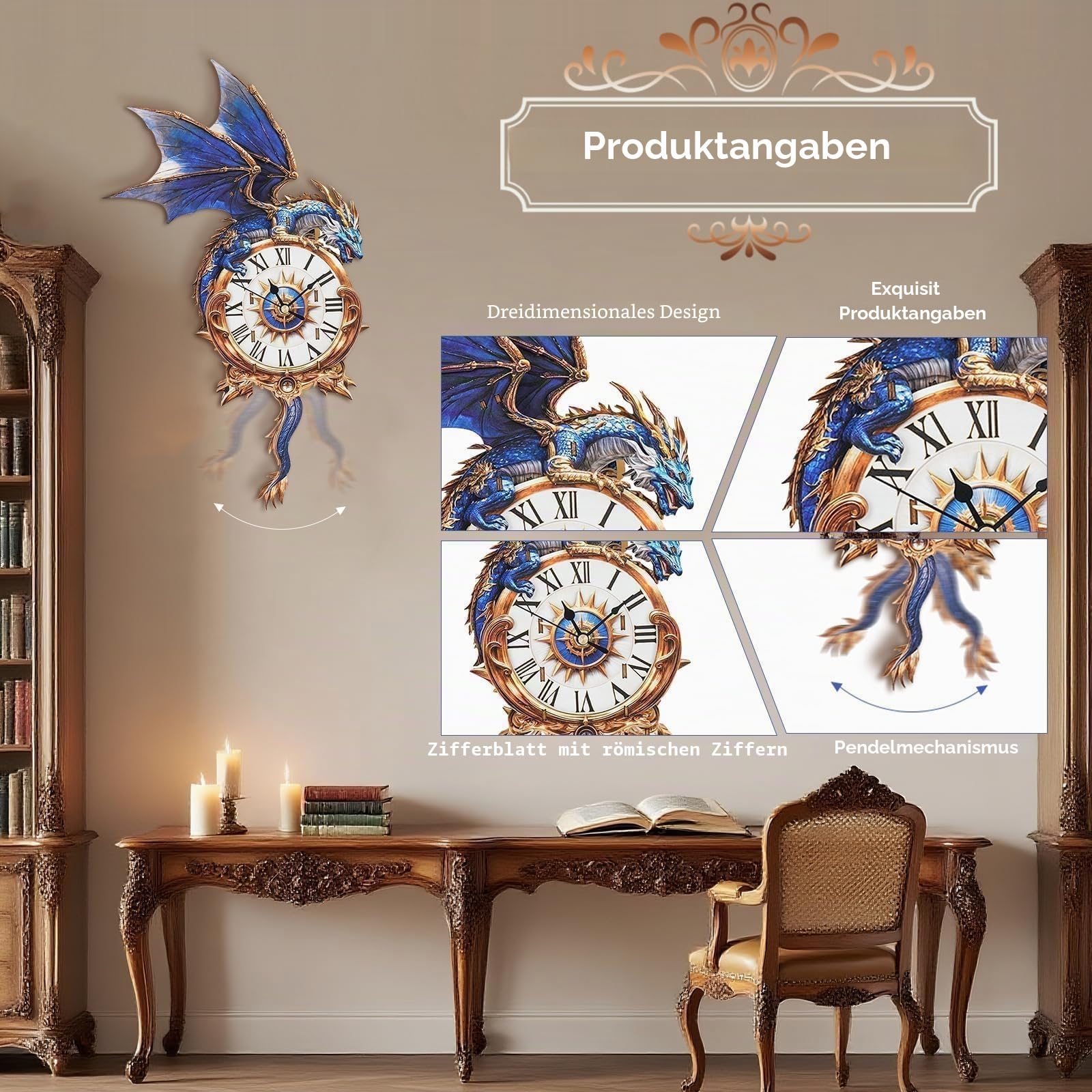 3D Holz Drachen Uhr Puzzle für Erwachsene - Mechanisches Modellbausatz mit Pendel & Glockenspiel, DIY Wanduhr für Home Office Decor, Weihnachten Drachen Geschenke Ornament für Männer Frauen