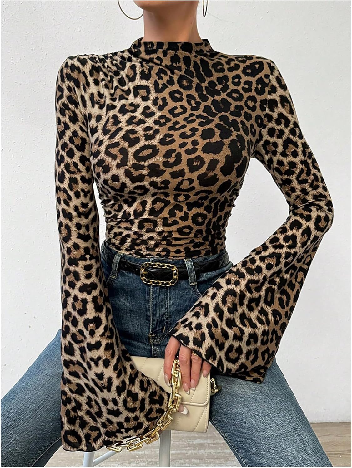 Women's Y2K Leopard Print Top Mock Neck Ruched Shirt Cheetah Print Tee Shirt Long Bell Sleeve Slim Fit T Shirt - Image 4