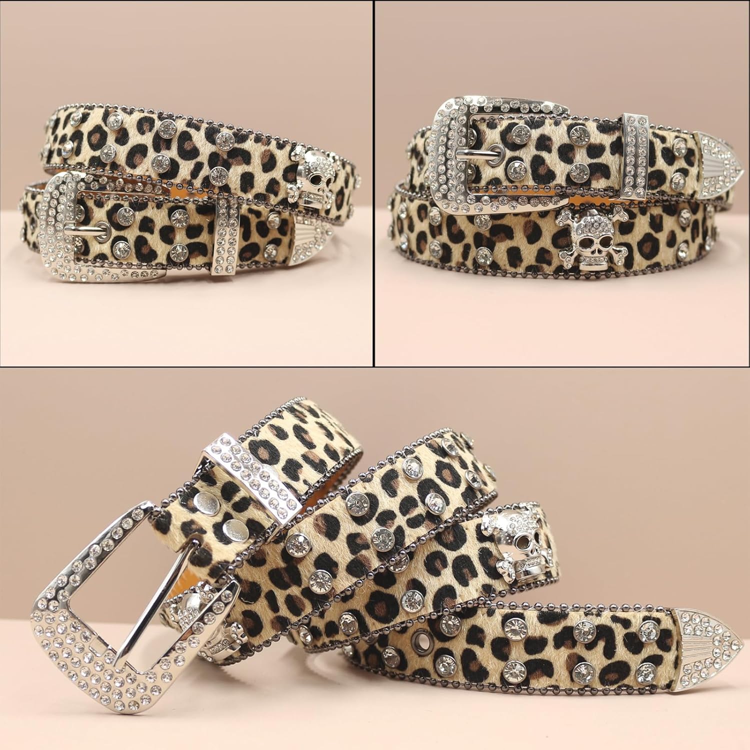 Rhinestone Skull Belt Men Women Skull Leopard Belt Punk Studded Skulls Belts Western Cowgirl BB Belts Y2k - Image 5