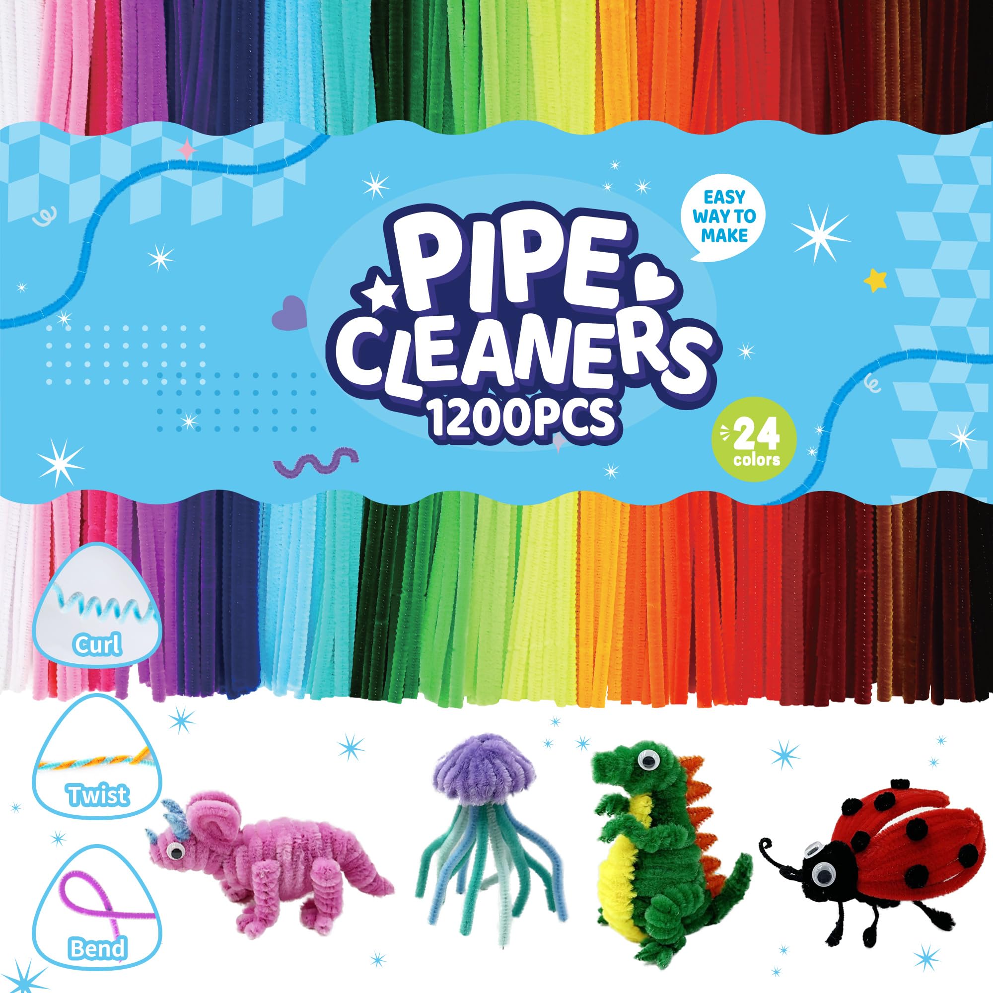 Lot de 1200 cure-pipes en chenille pour travaux manuels, 24 couleurs assorties, fournitures artistiques pour enfants, projets de salle de classe et décorations