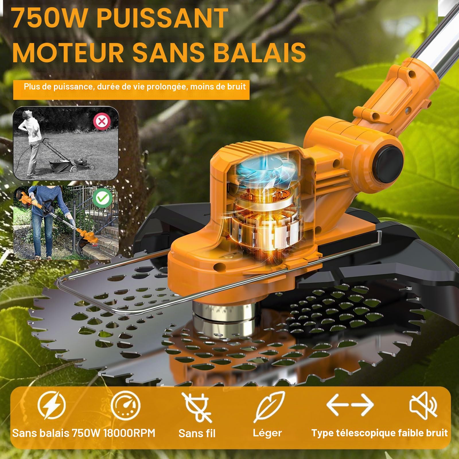 Coupe Bordure sans Fil avec Batterie 4 en 1 Debroussailleuse Electrique sans Fil avec 2 Batteries 4.0 Ah, 21V Débroussailleuse à Batterie Brushless avec Brosse Désherbage pour Jardin Élagage,Orange,b
