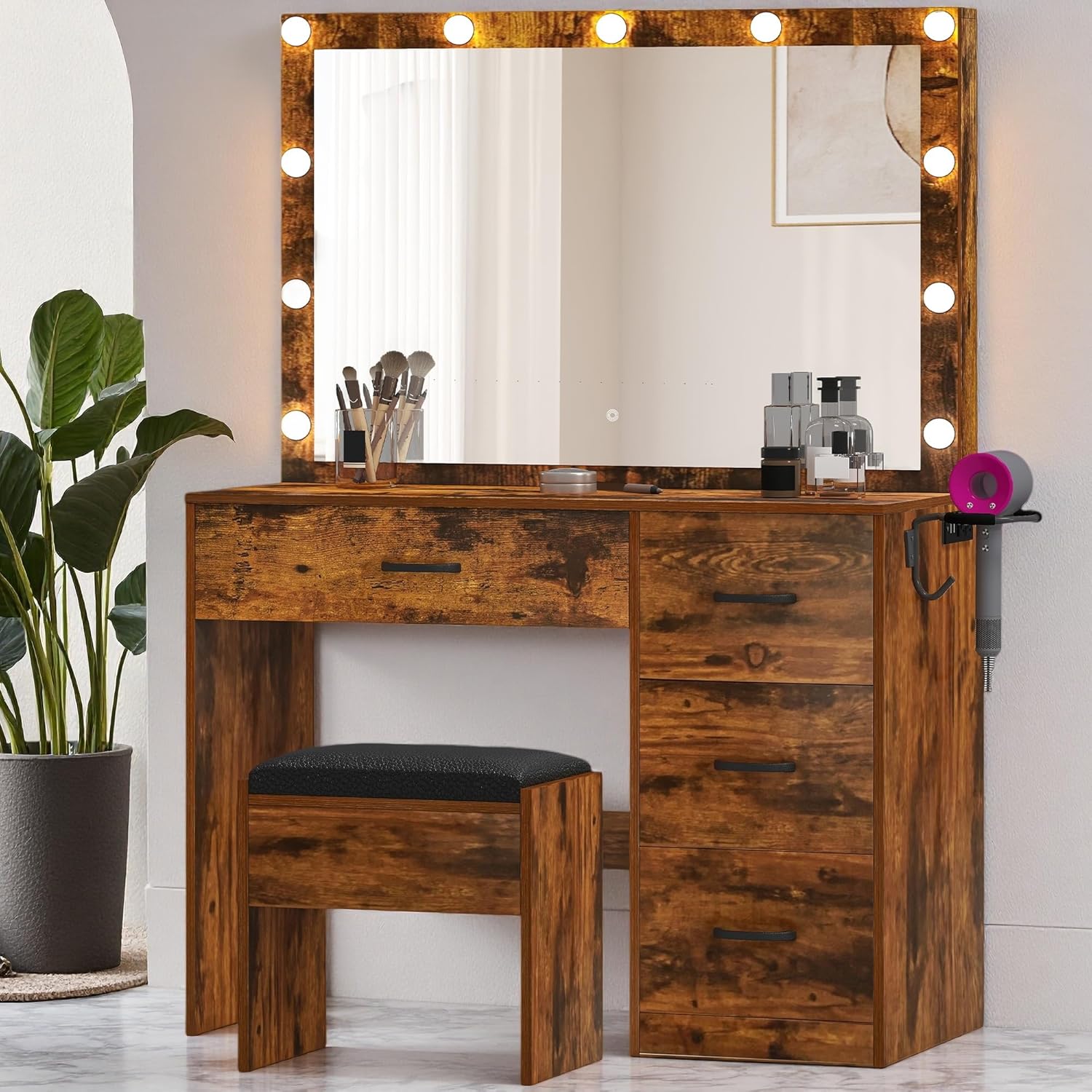 DWVO Vanity Desk with Stool and 4 Drawers