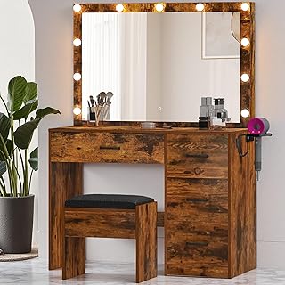 DWVO Vanity Desk with Stool, 4 Drawers, Lighted Makeup Desk with Large Mirror, 3 Color Modes, Outlets & USB Ports