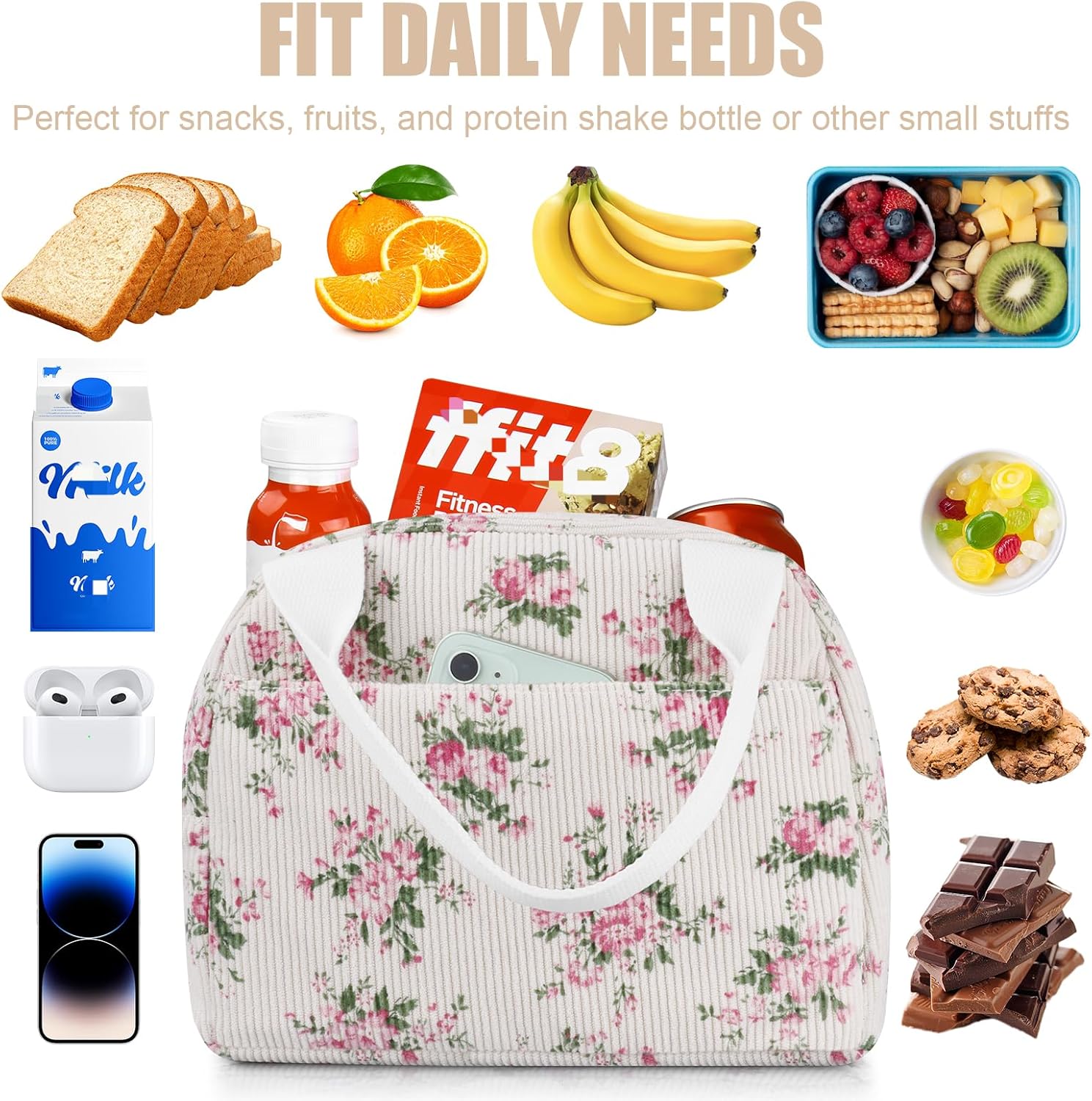 Insulated Lunch Bag Women, Reusable Corduroy Cute Lunch Box, Leakproof Floral Lunch Tote Bag with Large Capacity, Small Cooler Lunch Container for Work Office Travel Picnic - Image 5