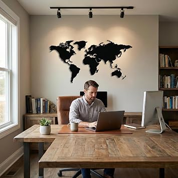 DEKADRON Metal Wall Art Metal World Map Asia, Europe, America and Australia Continents, Metal Wall Decor, Metal Sign, 4 Pieces (39 Wx21 H/100x52 cm)