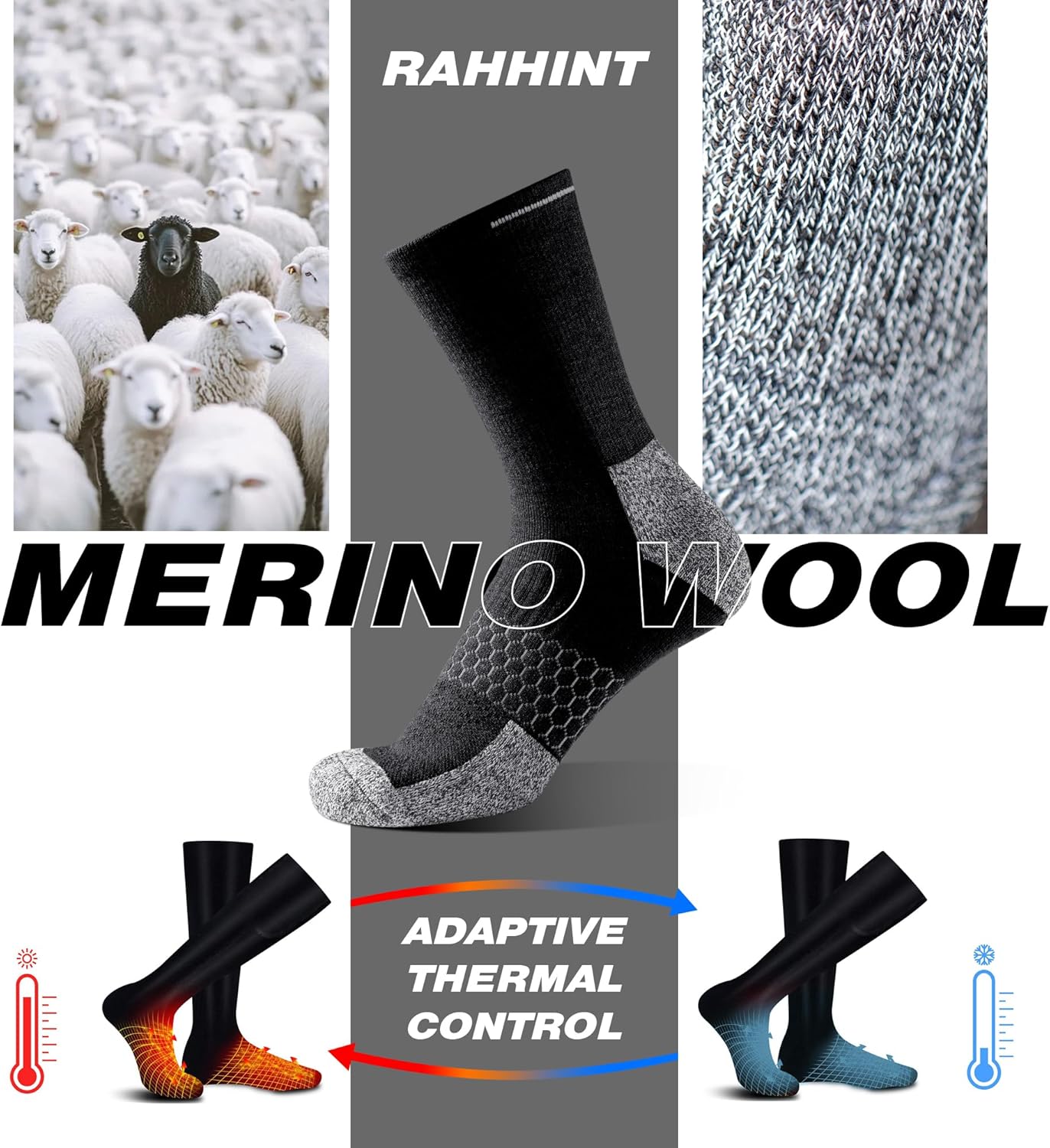 Rahhint Merino Wool Work Boot Socks 3 Pairs Durable Compression Moisture Wicking Anti Blister Cushion Hiking Running Socks - Image 3