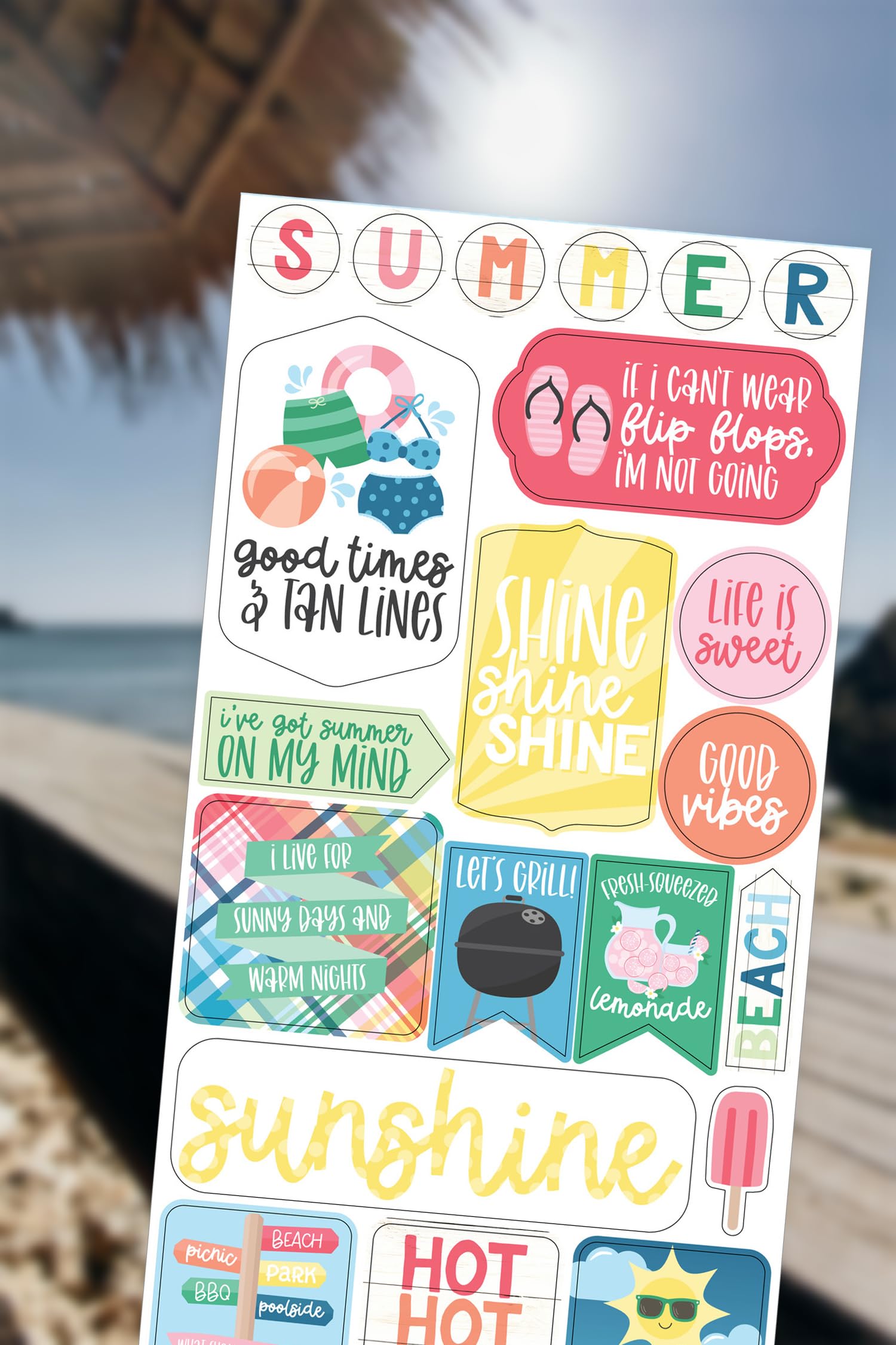 Sommer Scrapbook Aufkleber - Strand Scrapbooking Aufkleber mit Pool, lustige Sätze, Strandball, Grill Design | Scrapbook Sticker Sommer Thema Set für Urlaubsplaner, Fotoalbum, Reisetagebuch