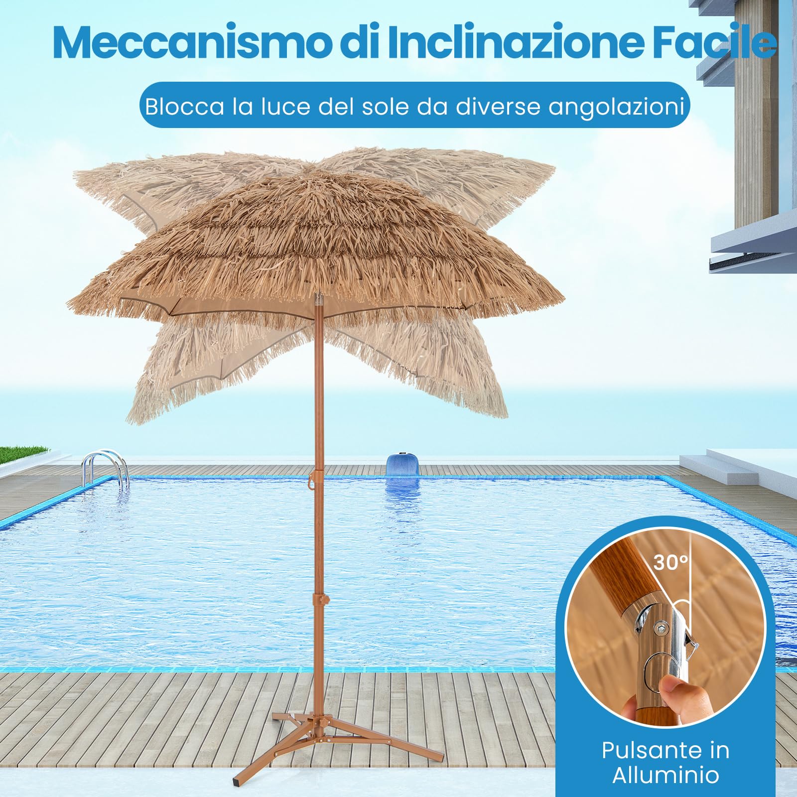 GYMAX Ombrellone Paglia PE 2,7 M, a 9 Strati, Inclinazione a 35°, Doppio Top, Struttura Stabile in Metallo e Antivento, Adatto Spiaggia, Giardino, Terrazza, Hawaiano