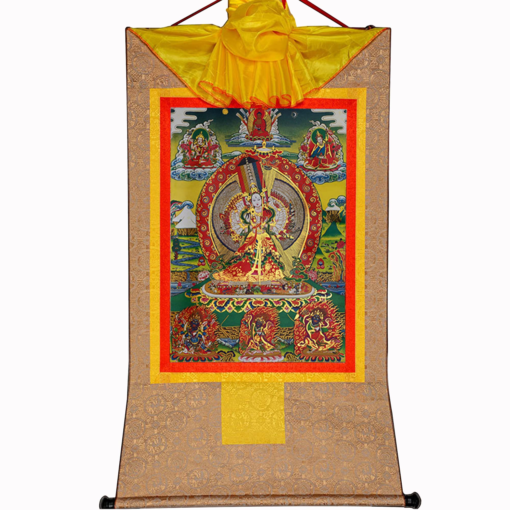 Gandhanra Tibetan Buddhist Thangka Wall Hanging,Usnisa Sitatapatra Thangka,Great White Umbrella Deity,Hot Stamped Brocade Buddhist Tapestry for Zen Home Decor, Meditation, Spiritual Relaxation