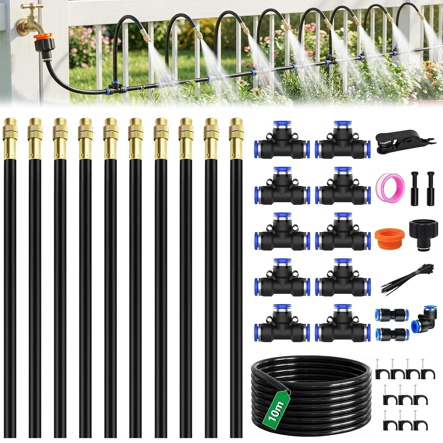33FT Drip Irrigation Kit, 360° Adjustable Automatic Garden Watering System, 10 Bendable Copper Mist Nozzles, 5/8 Inch PE Tubing DIY Micro Sprinkler Outdoor Lawn Veg Patch Greenhouse Patio Balcony