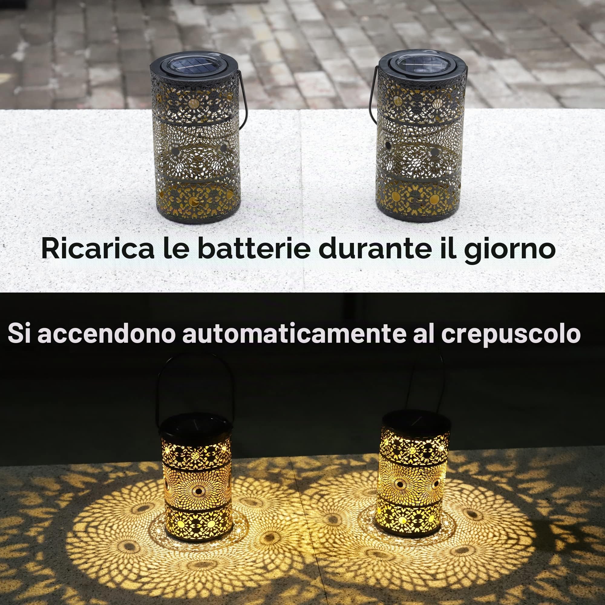 2 Pezzi Lanterne Solare da Esterno, 2 Lampade Solari da Giardino in Metallo, Luci Solare per Giardino, Esterno, Tavolo, Prato, Balcone, Sentieri…
