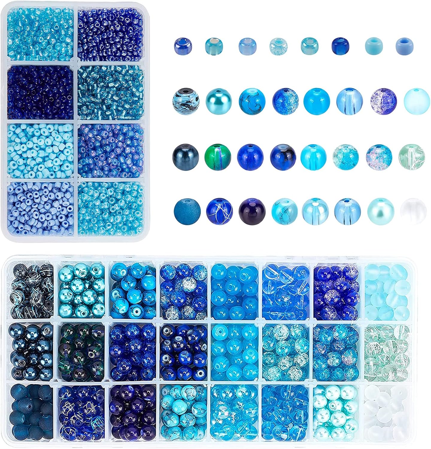PH PandaHall 648pcs 8mm Blue Glass Beads 3600pcs 3mm Blue Sea Seed Beads Round Craft Loose Bead Waist Bead for Summer Hawaii Boho Heshi Bracelets, Necklaces, Earring Crafts DIY Jewelry Making