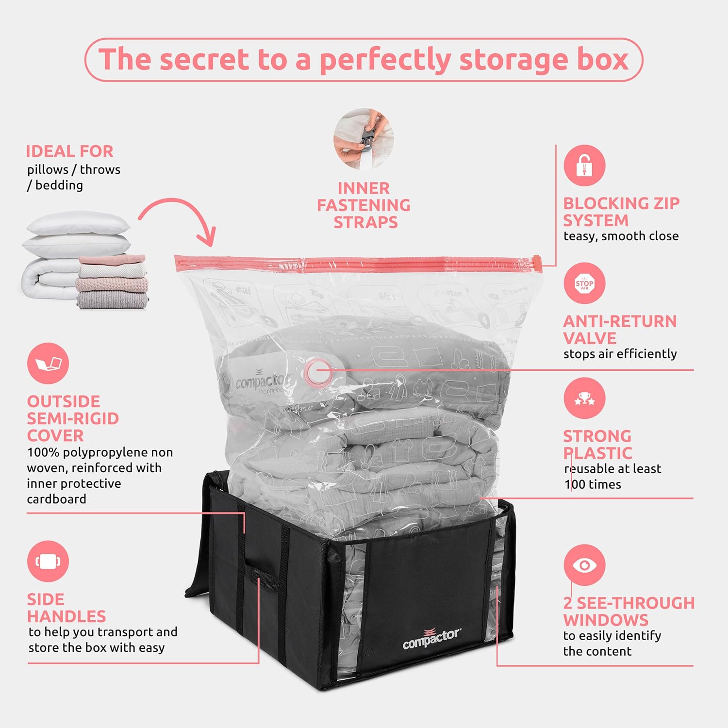 Compactor Vacuum Storage Bag with Semi-Rigid Structured Cube, Closet Organizer, Vacuum Seal Bags for Clothing and Bedding, Fits All Vacuum and Nozzle Types, 125L, Black