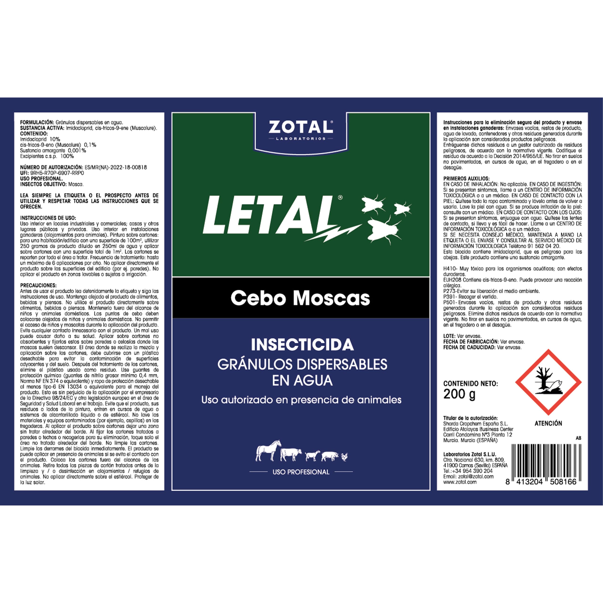 ZOTAL LETAL - Cebo para Moscas en Gránulos dispersables en Agua - Uso Autorizado en Presencia de Animales - 200g