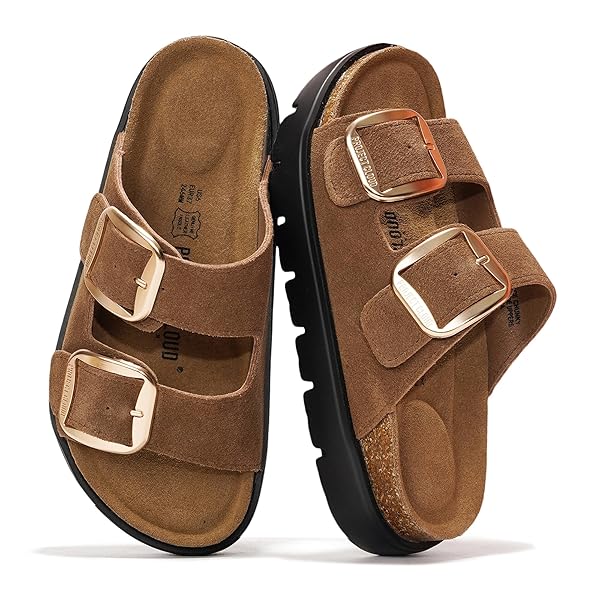 Project Cloud 100% Genuine Leather Platform Sandals Women Footwear - Wedge Chunky Slides for Women 2026 with Memory Foam Insole & Cork Footbed Womens Sandals (GreeceChunky)