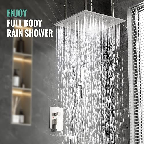 Miniatura 4 de SR SUN RISE Sistema de ducha de níquel cepillado de 20 pulgadas, juego de ducha montado en el techo, grifo de ducha (contiene grifo de ducha, cuerpo
