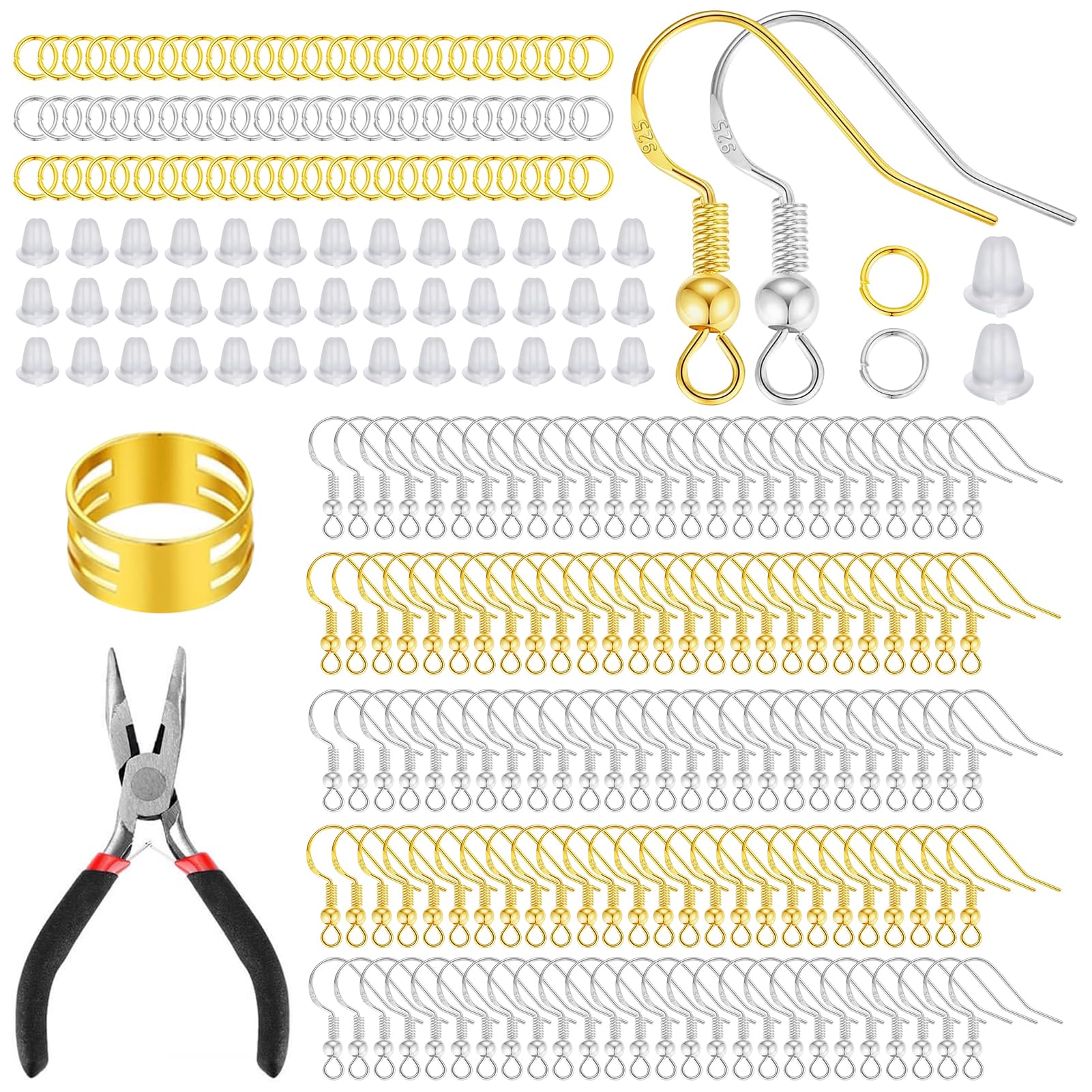 Azushwer 602pcs Earring Making Supplies, Hypoallergenic 925 Silver and Gold Plated Earring Hooks, with Fish Hooks, Metal Jump Rings, Clear Silicone Backs Stoppers for DIY (Gold and Silver)