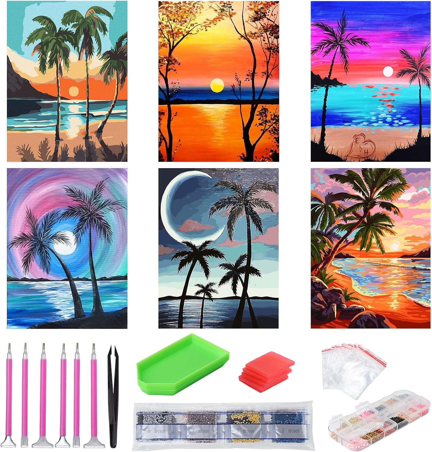 abcGoodefg Diamond Art Kits for Adults 6 Pack, DIY 5D Diamond Art Paintings Beach Sunset Round Full Drill Paint by Diamonds, 12x16 inch