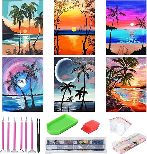 Miniatura 9 de abcGoodefg Kit de pinturas de arte de diamantes, 6 paquetes, kits de arte de diamantes 5D para adultos, juego de paisaje, pintura redonda de taladro