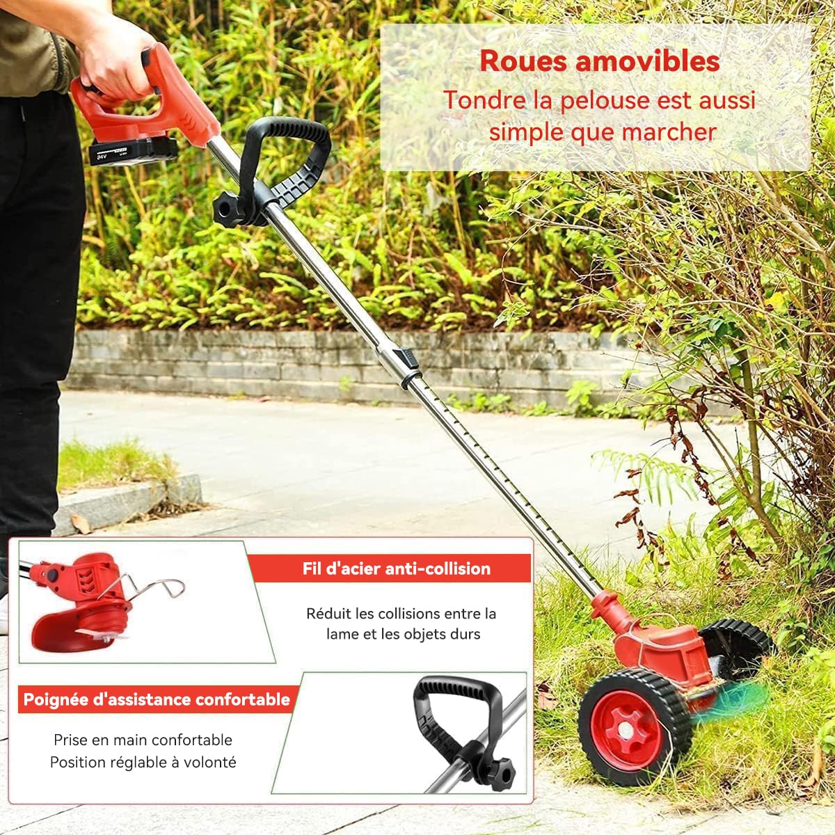Débroussailleuse à Electrique sans Fil 21V,Coupe Bordure sans Fil avec 2 Batterie 4.0Ah,Debrouissalleuses Batterie avec 4 Types Lames Efficace/Roues pour Tondre Les Pelouses du Jardin Pelouse Ferme