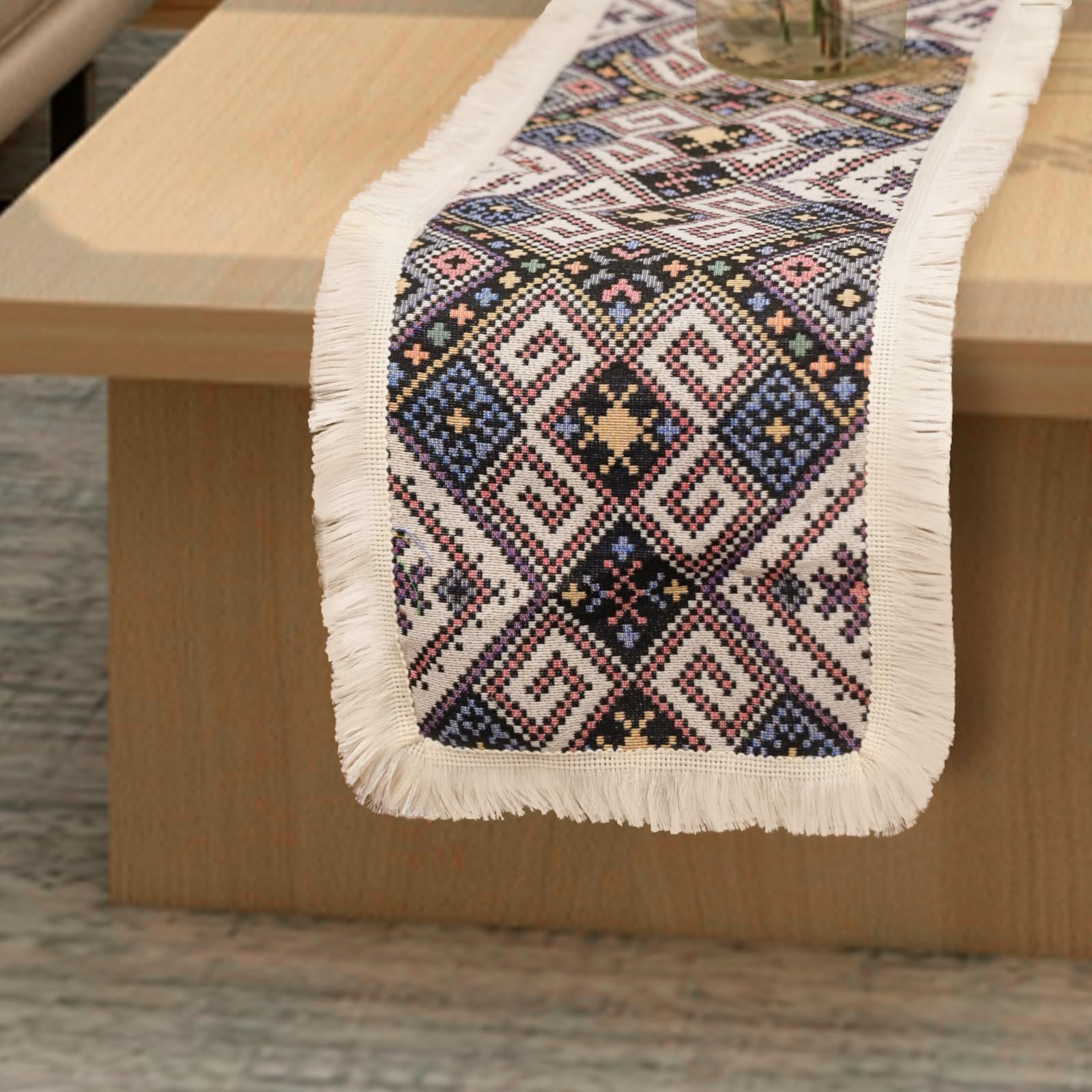 Boho Table Runner, 71 inches Long Thick Cotton Linen Woven Table Runners with Fringe for Dining Table and Dresser, Bohemian Style Farmhouse Home Decor (black, 12x71 inches)