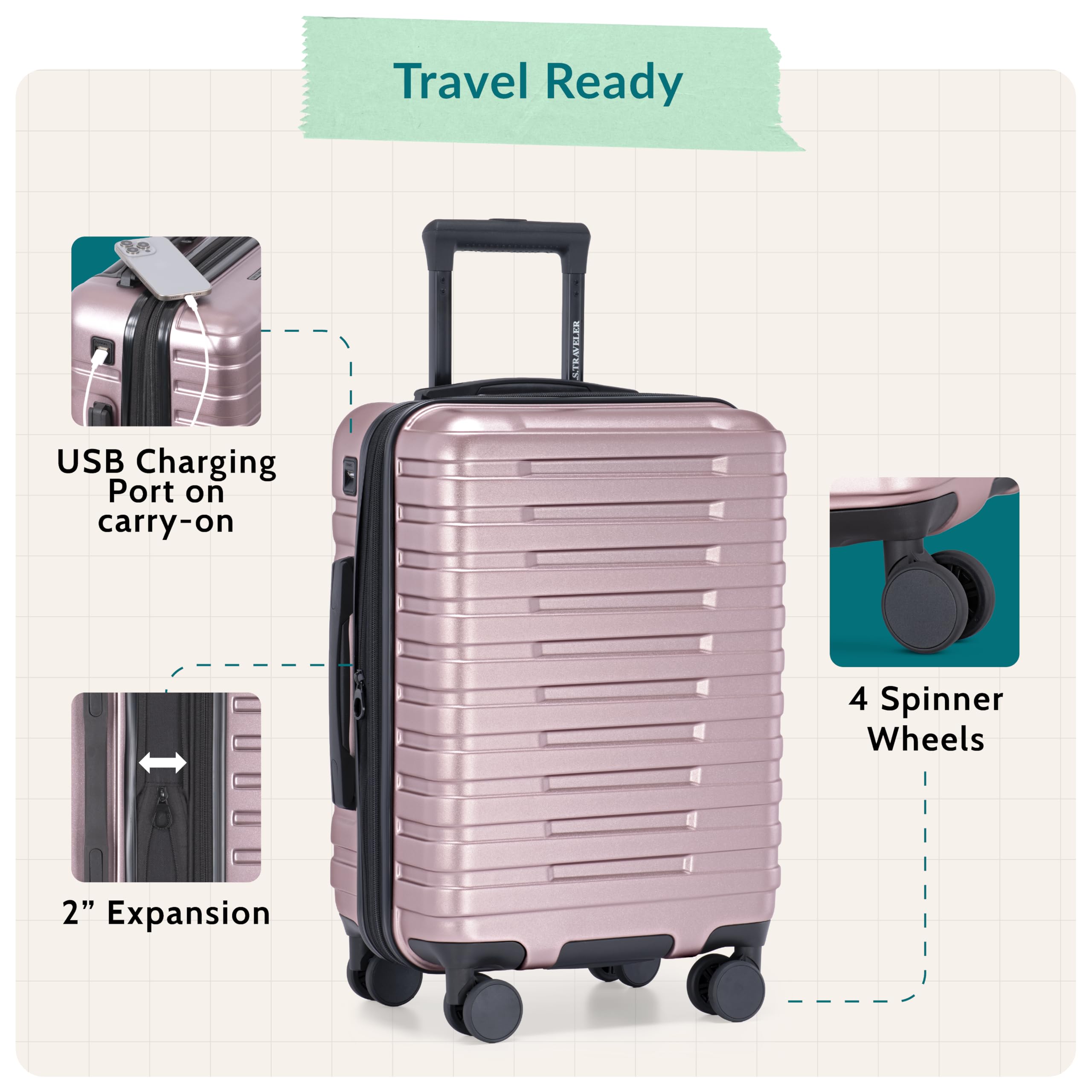 U.S. Traveler Boren - Equipaje de Viaje Resistente expandible con 8 Ruedas giratorias, orquídea, Juego de 2 Piezas