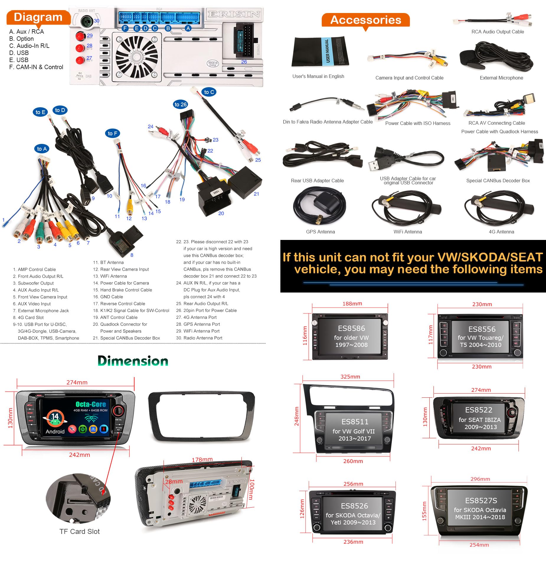 Erisin Android 14 8-Kern 4GB+64GB Autoradio GPS Navi für SEAT Ibiza 2009-2013 7 Zoll IPS Touchscreen Unterstützt Kabelloses CarPlay Android Auto DAB+ WiFi 4G Bluetooth 5.0 Canbus DSP USB OBD2 Radio