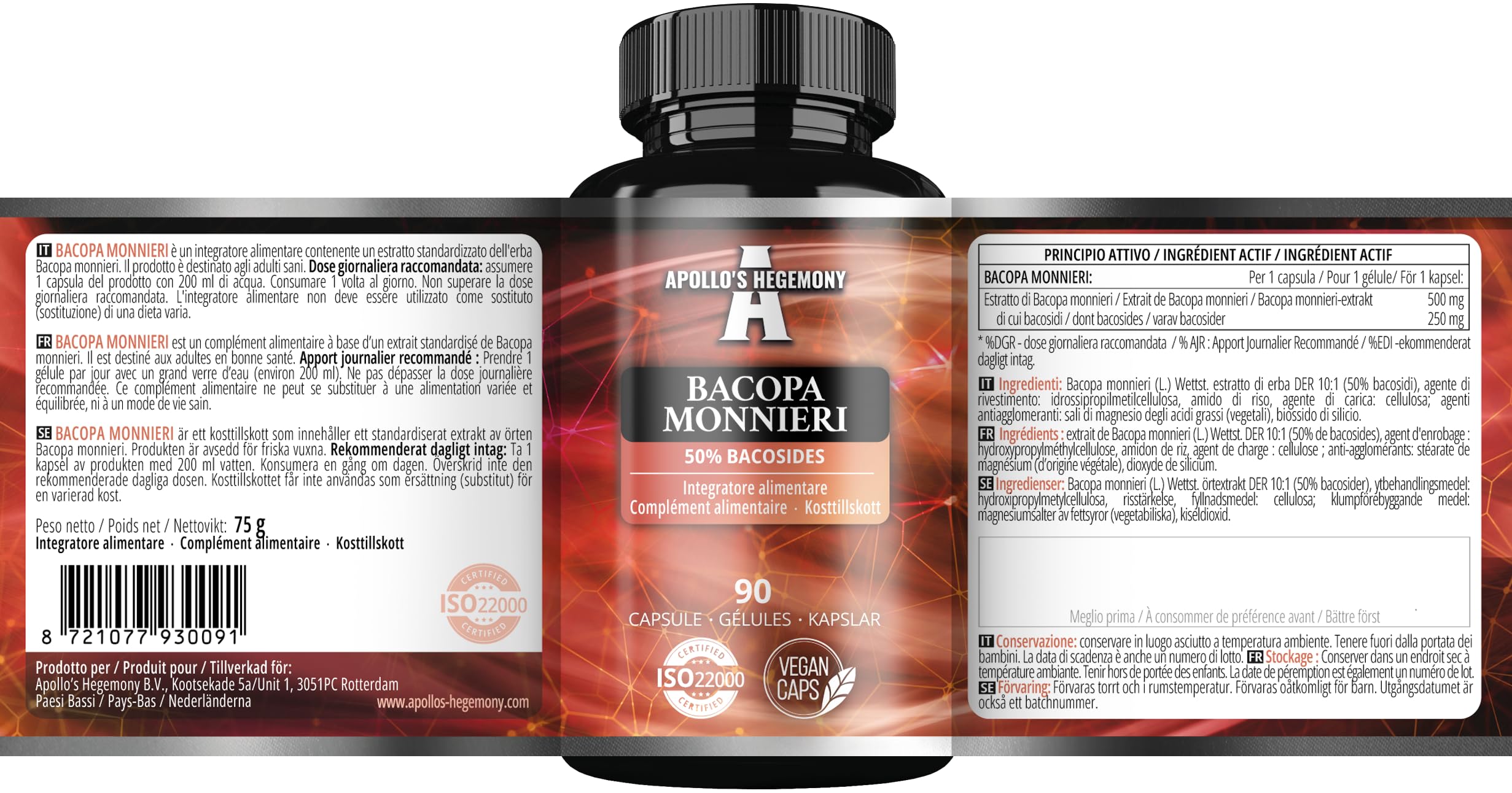Bacopa Monnieri Extract 500mg, High Strength Brahmi Extract (50% Bacosides), 90 Vegan Capsules, 3 Months Supply, Herbal Supplements for Enhanced Mental Clarity and Focus by Apollo's Hegemony