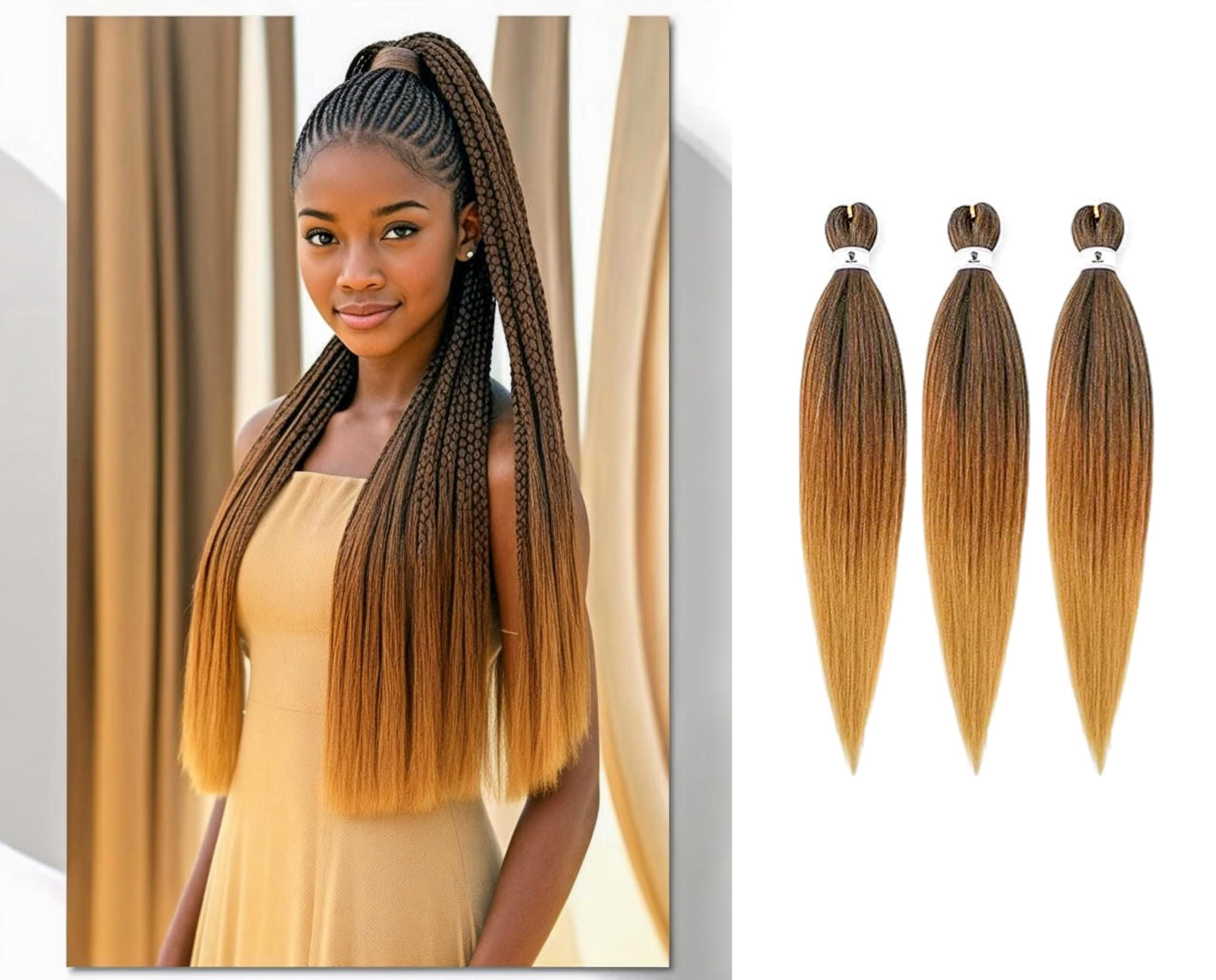 BillionHers Pre Stretched Braiding Hair 3 Pack Synthetic Yaki Hair Extensions for Braiding Knotless Braids (Natural Black/Dark Brown/Honey Blonde (1B/30/27))