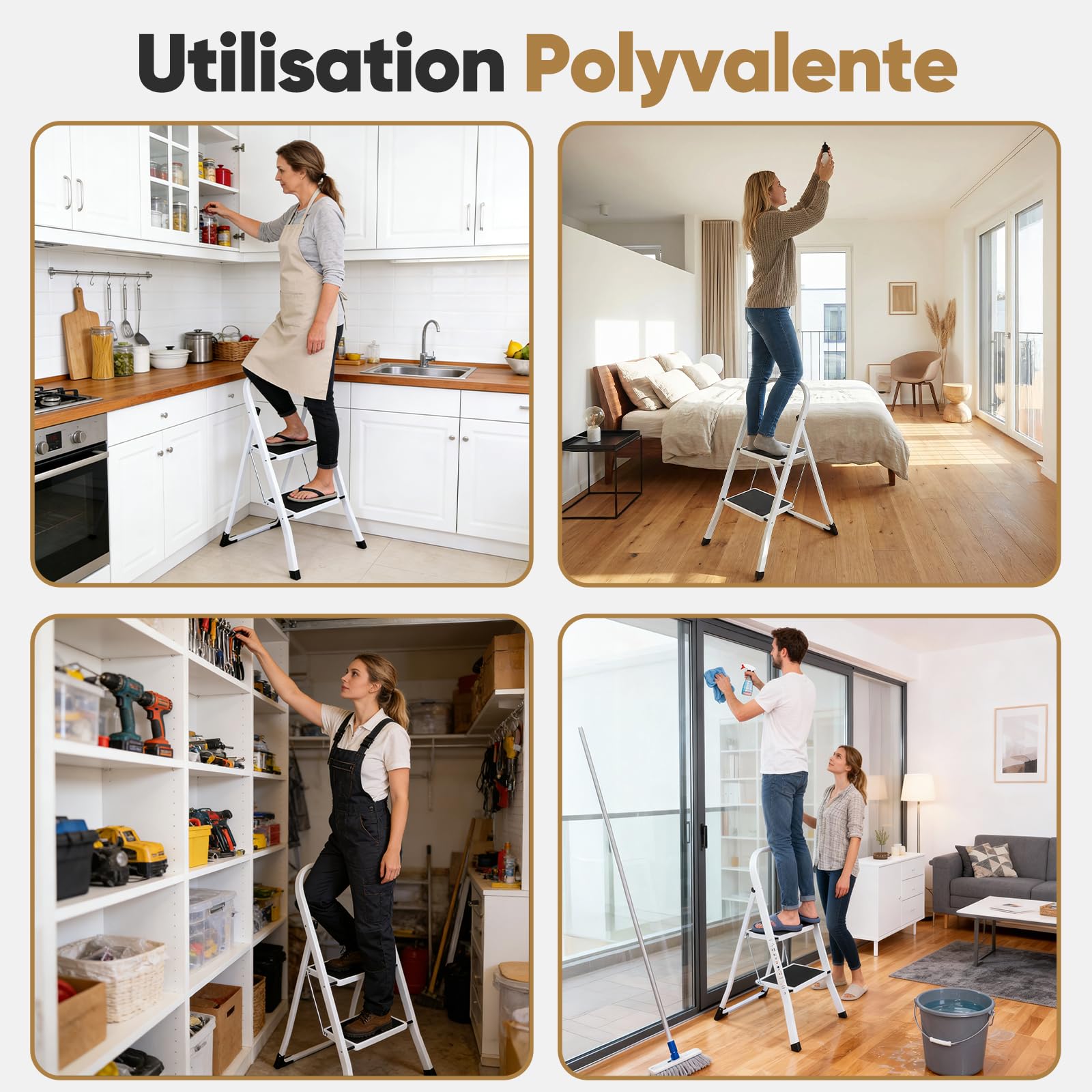 Sekey Escabeau 2 Marches Pliable, Petit Escabeau Pliable Compact, Marchepied Escamotable en Acier Sécurisé, Antidérapant pour Usage Domestique, Certifié SGS EN14183, Charge Maximale 150 kg