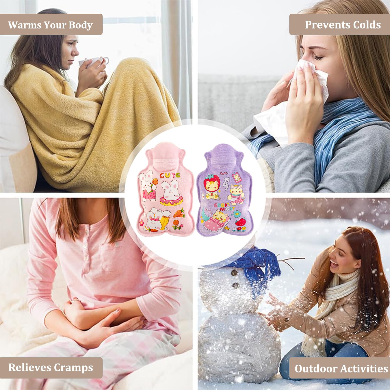 2 PCS 600ml Bolsa Agua Caliente, Botella Agua Caliente Dibujo Animado Adorable, Saco de Aguas Quente, Hot Water Bottle with Cover para Dolor de Espalda, Lumbares, Vientre, Manos